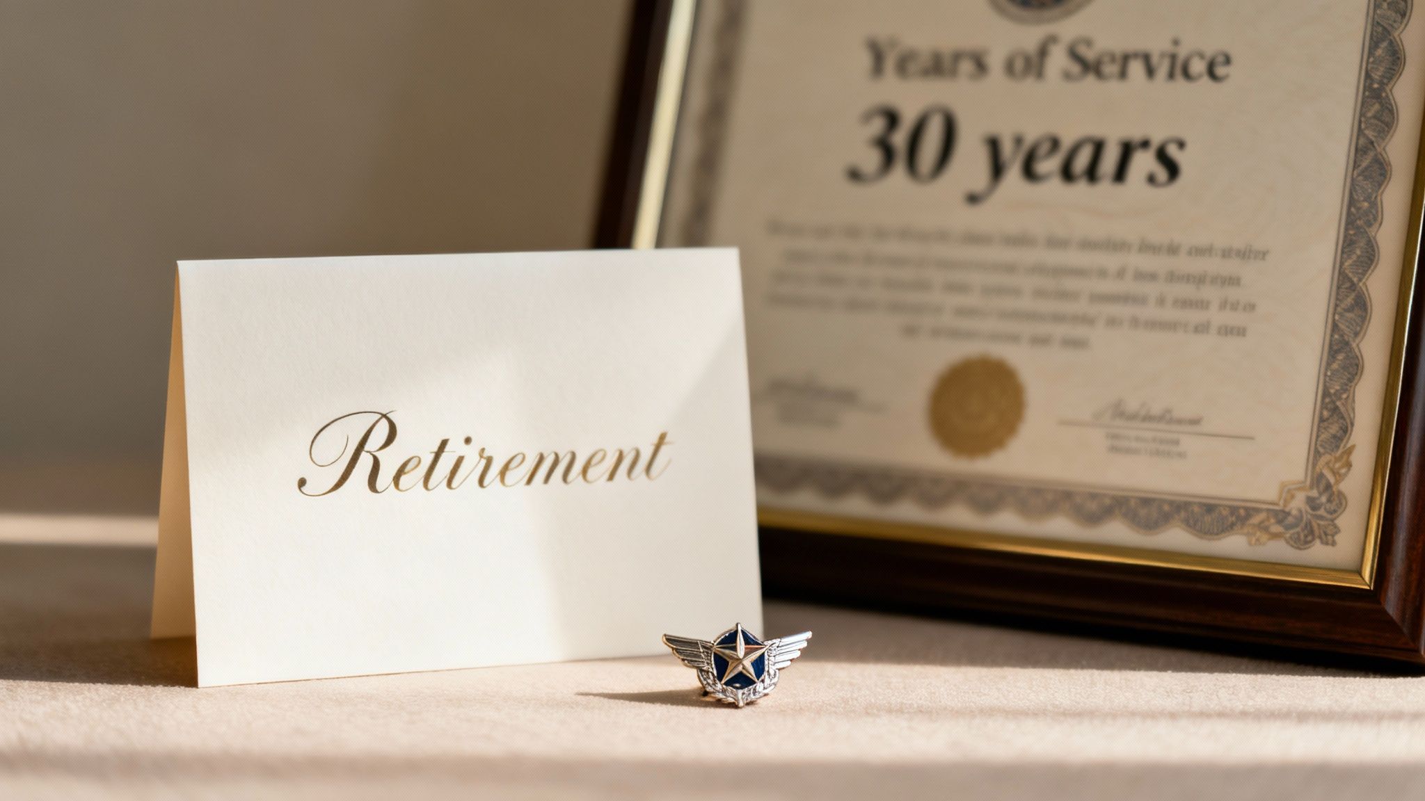 A 'Retirement' card, a military-style pin, and a framed '30 years of Service' certificate.