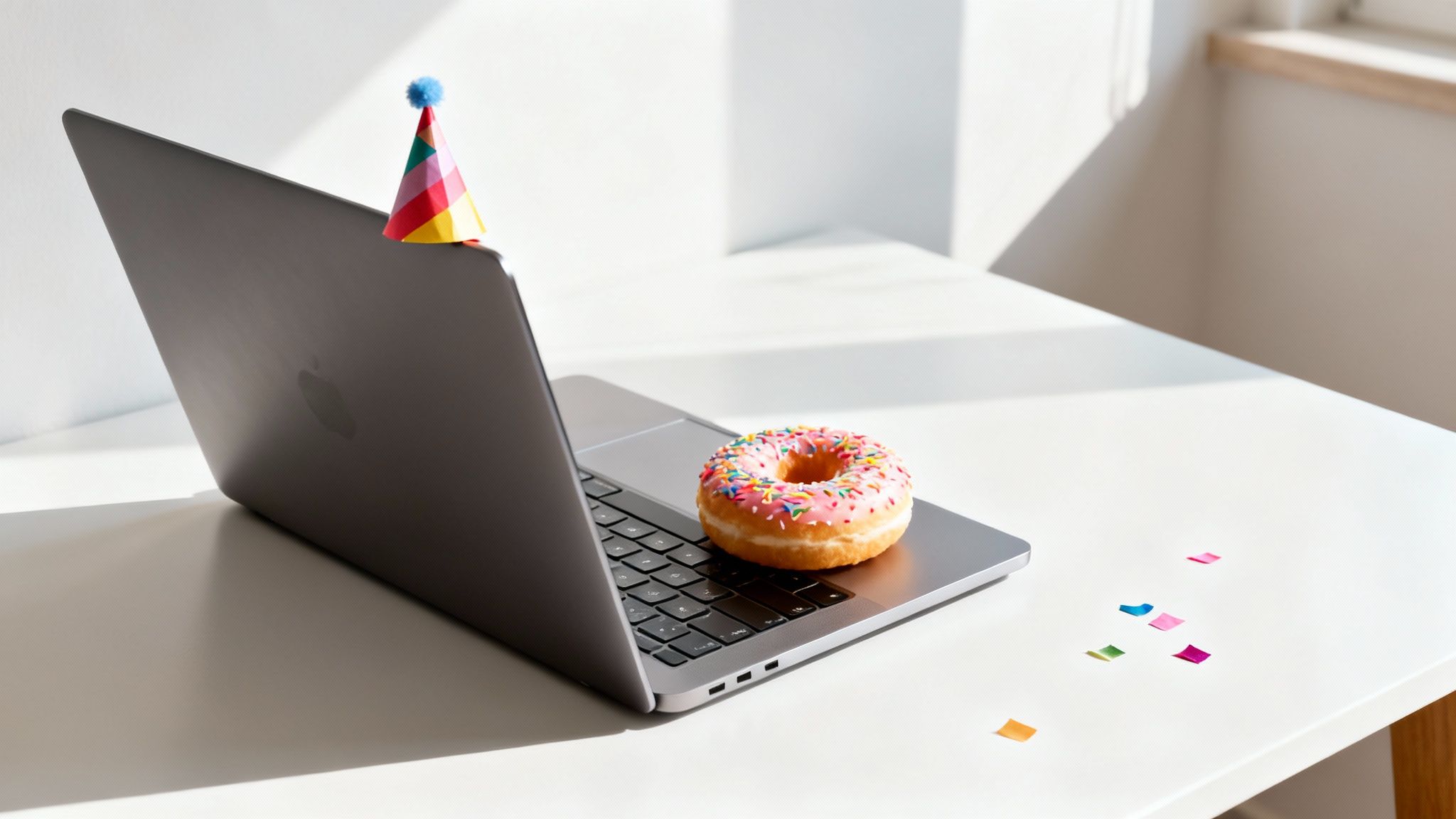 A laptop with a party hat and a pink donut with sprinkles on a white desk.