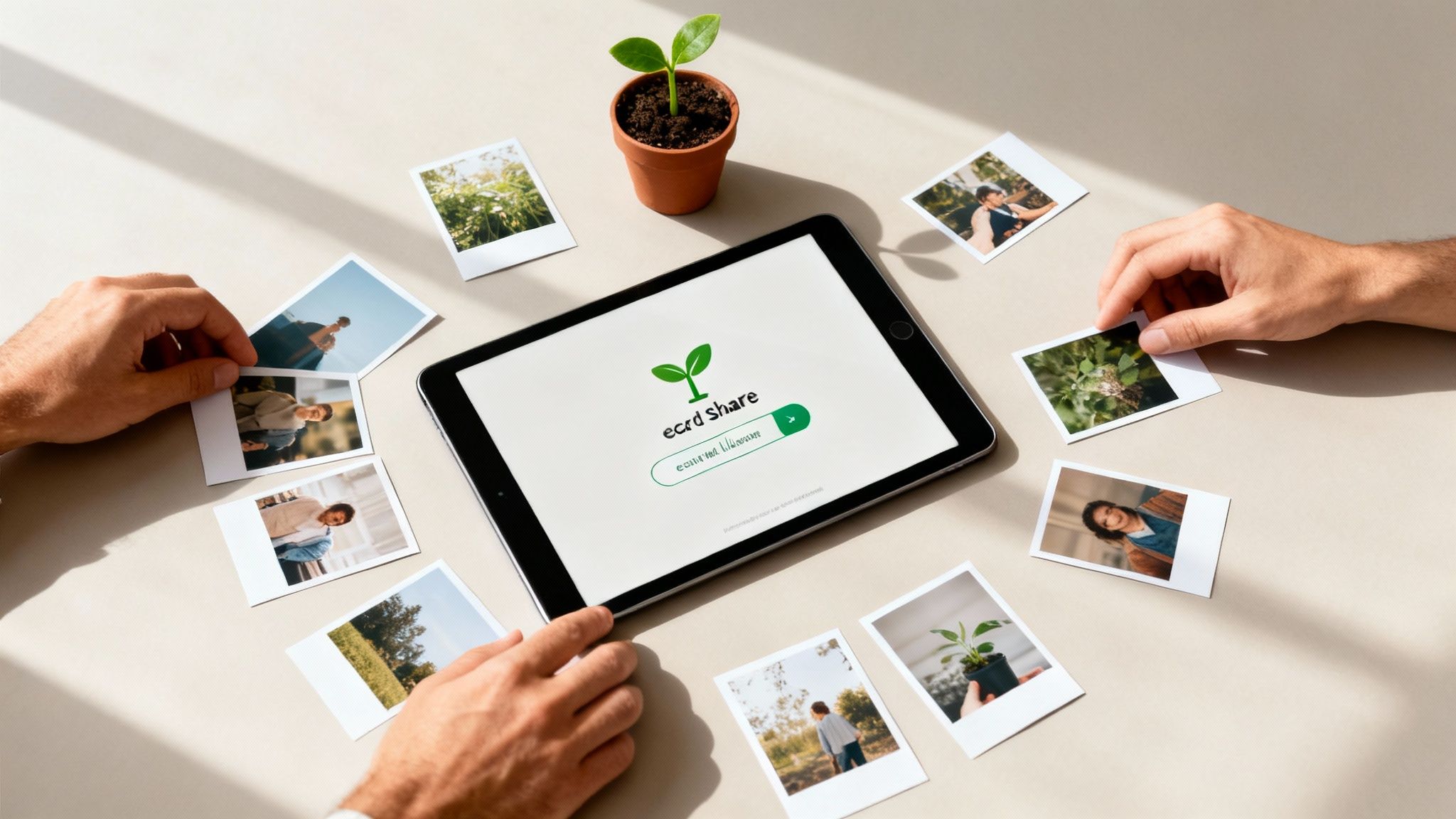 Two hands arranging polaroid photos and a potted plant around a tablet displaying 'ecrd Share' app.