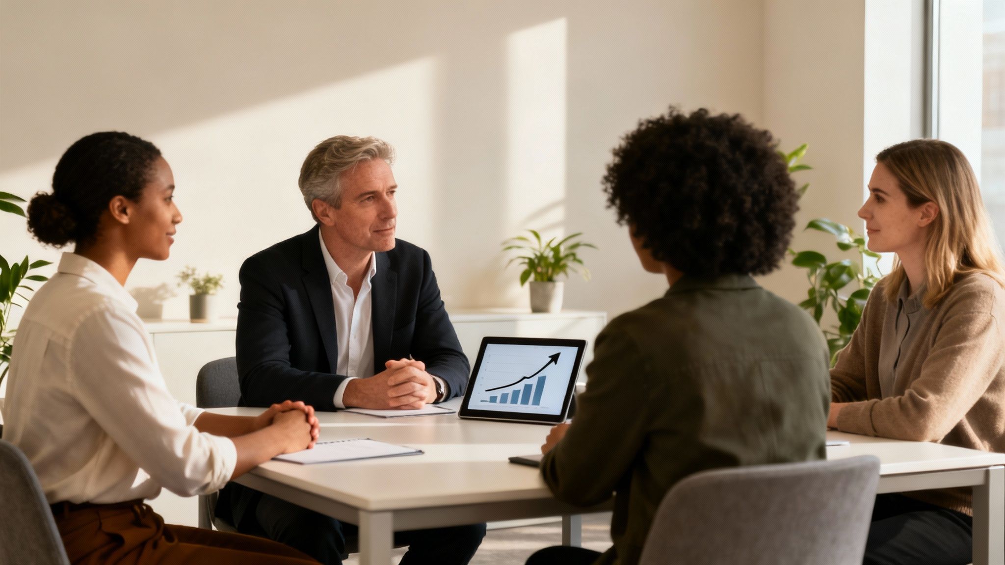 Diverse business professionals collaborating around a table, discussing a growth chart on a digital tablet.