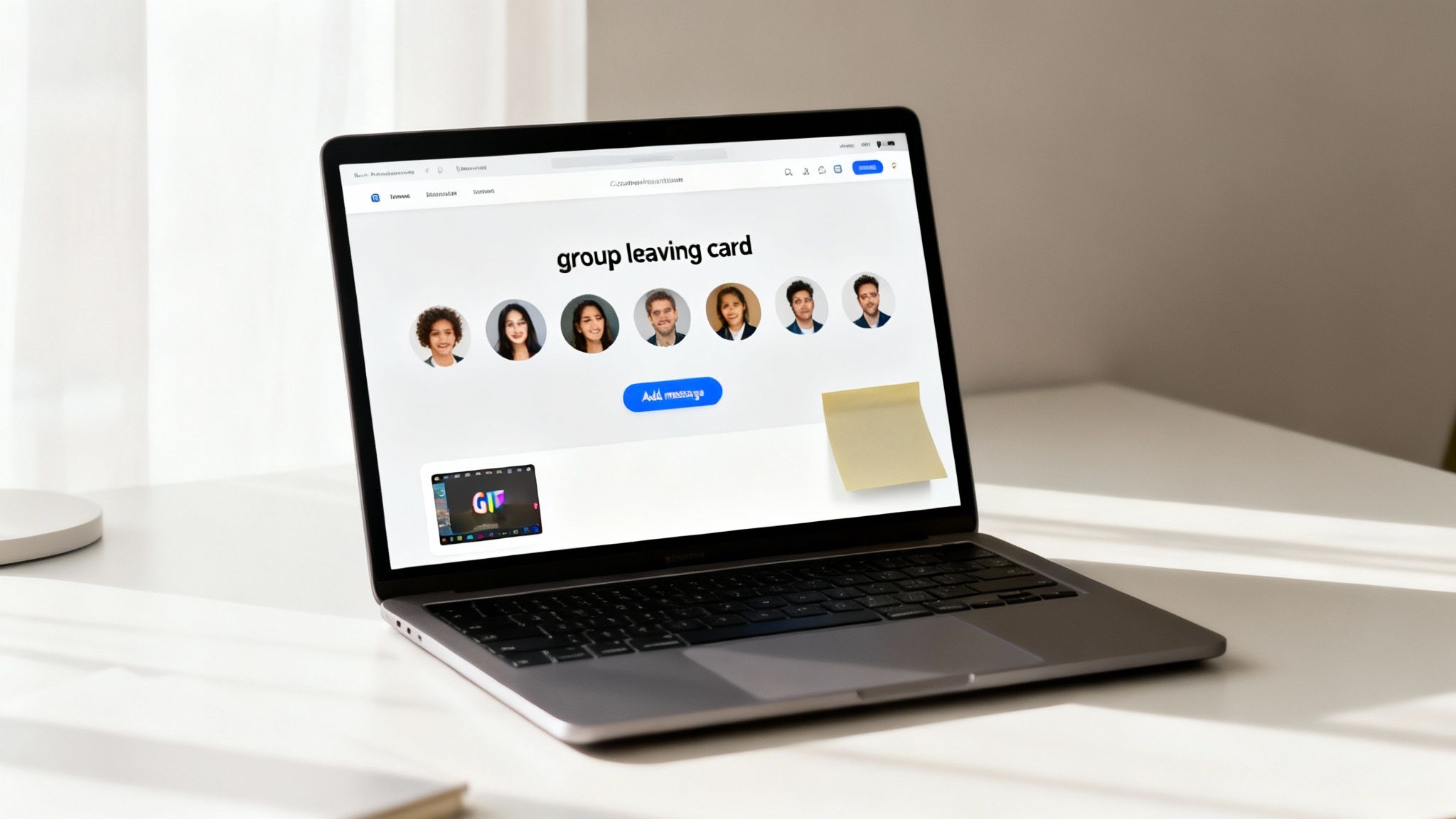 A laptop displays an online group leaving card with multiple profile pictures, an 'Add message' button, and a sticky note.