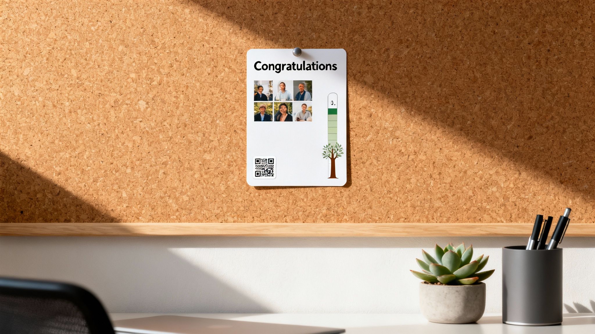 A 'Congratulations' note with photos, a QR code, and a tree graphic on a cork board above a desk.