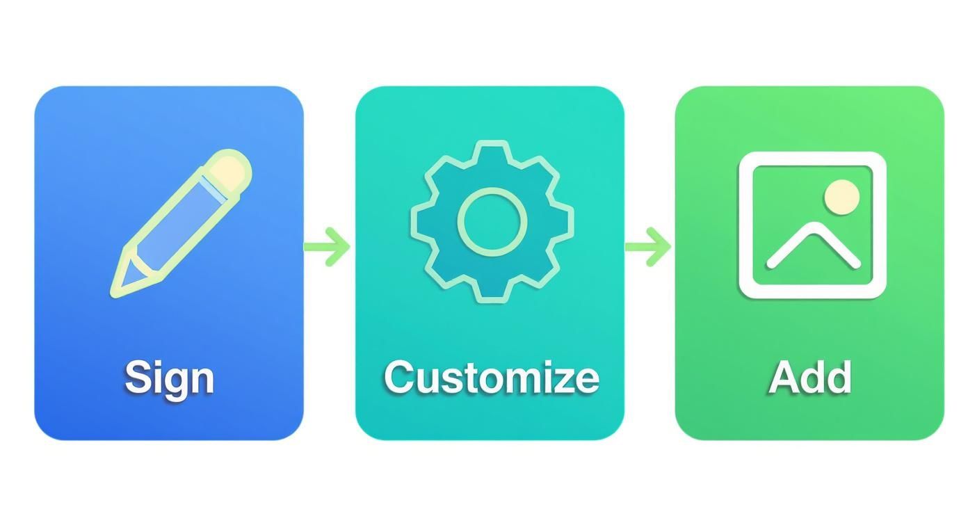 A three-step infographic showing a pencil for 'Sign', a gear for 'Customize', and a picture for 'Add'.
