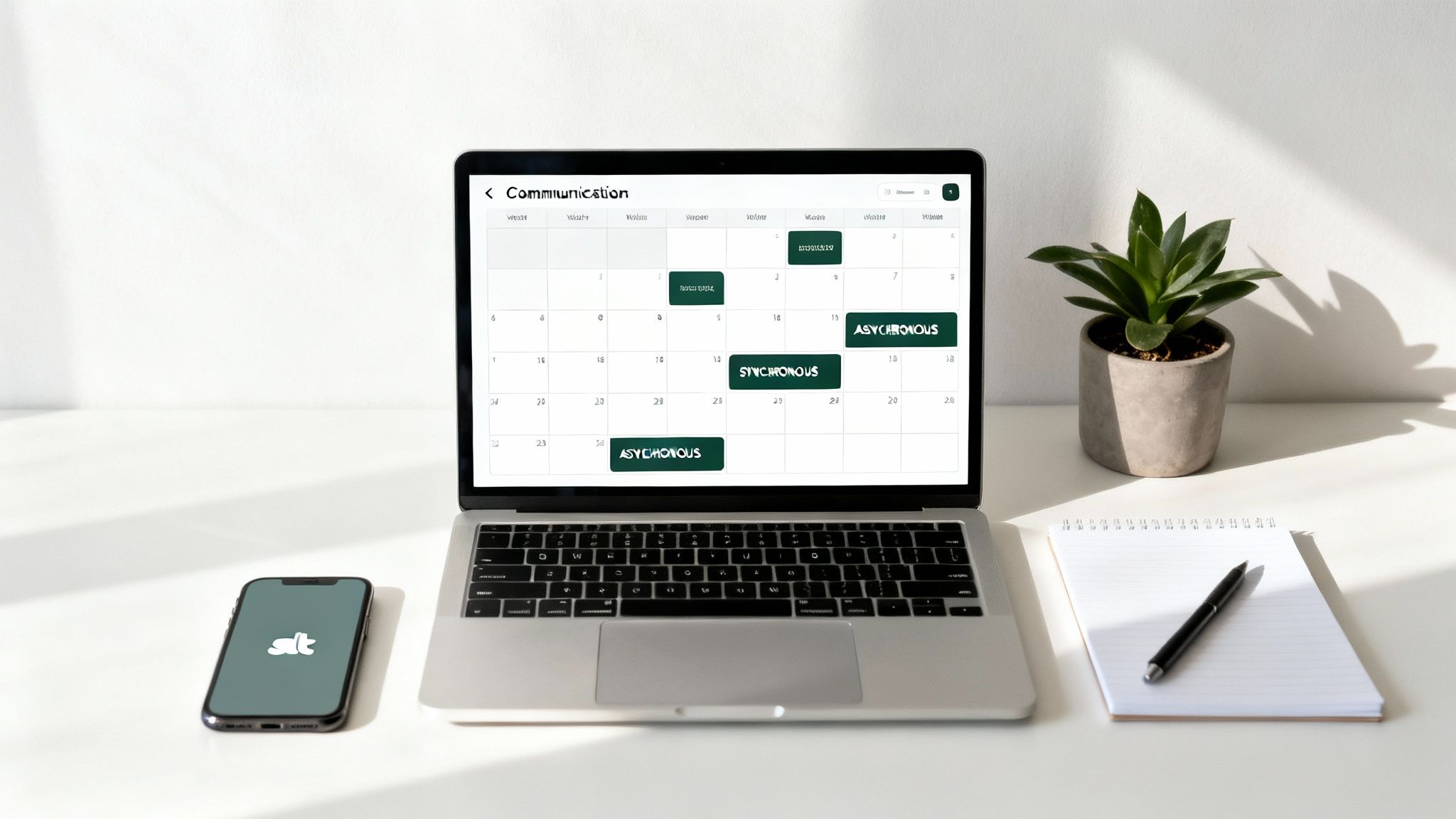 A clean white desk with a laptop showing a communication calendar, a smartphone, a plant, and a notepad.