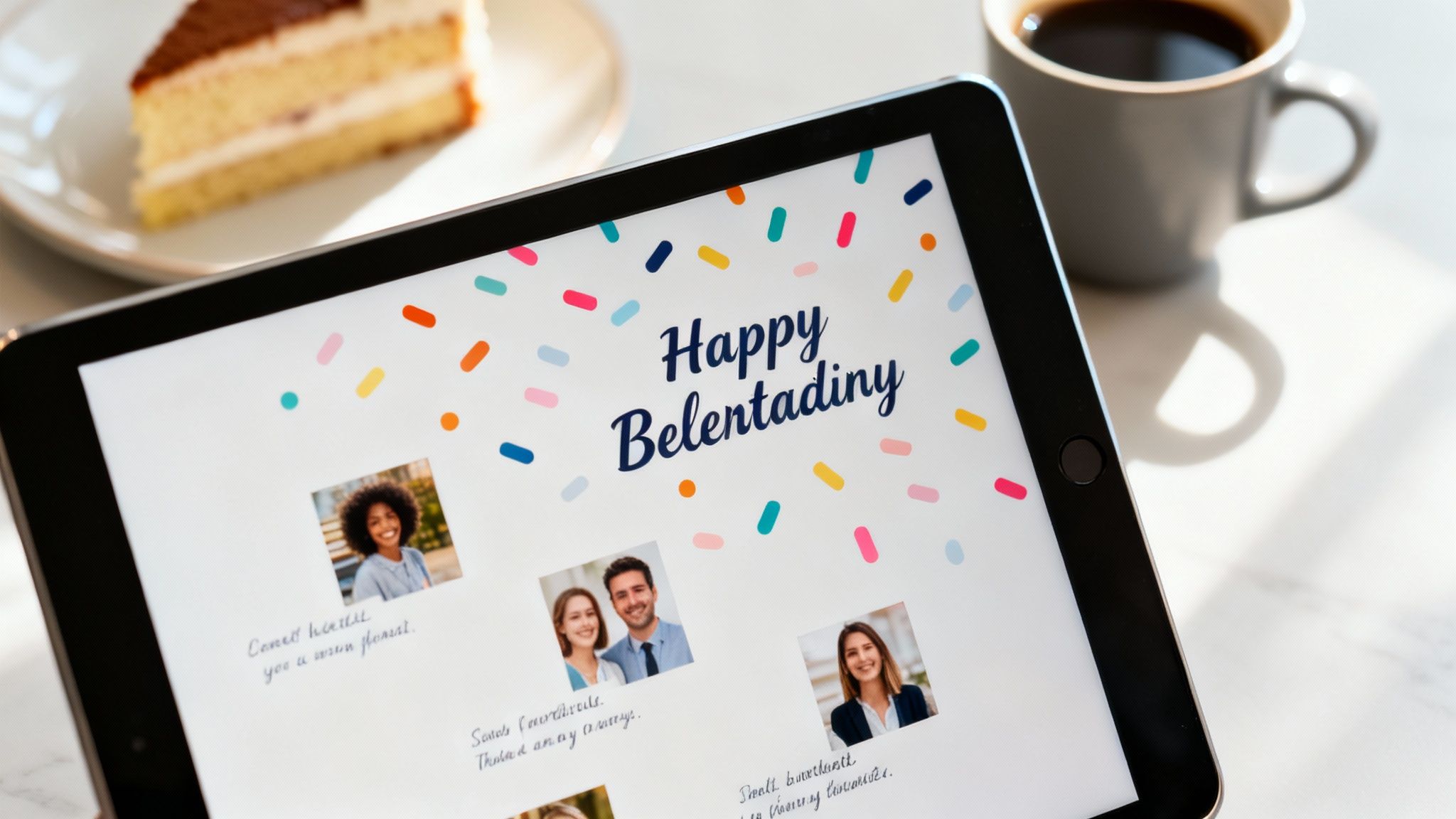 A tablet displays a 'Happy Belentadiny' message with colorful sprinkles and personalized photos, next to a slice of cake and a cup of coffee.