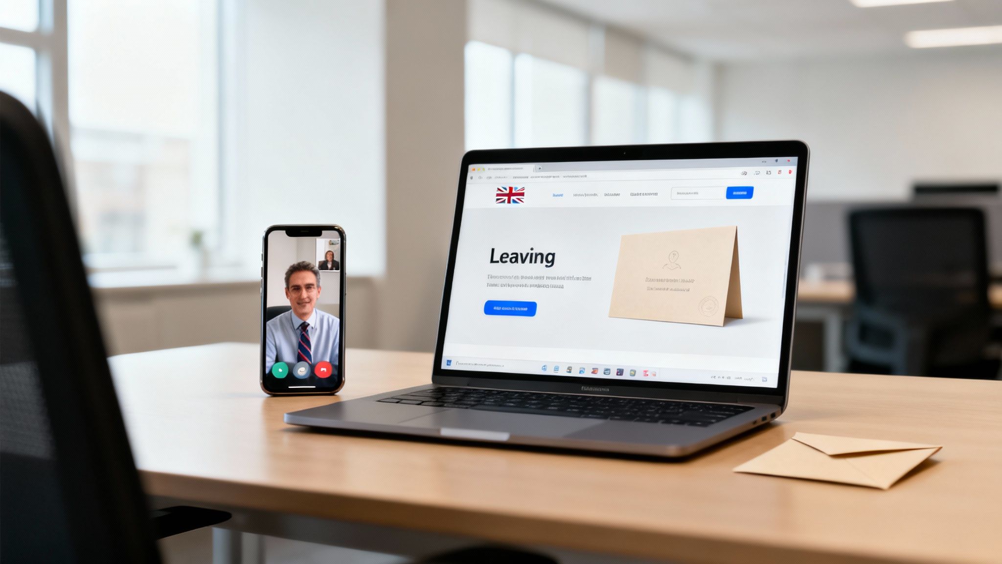A laptop showing an online leaving card website and a smartphone on a video call in an office.
