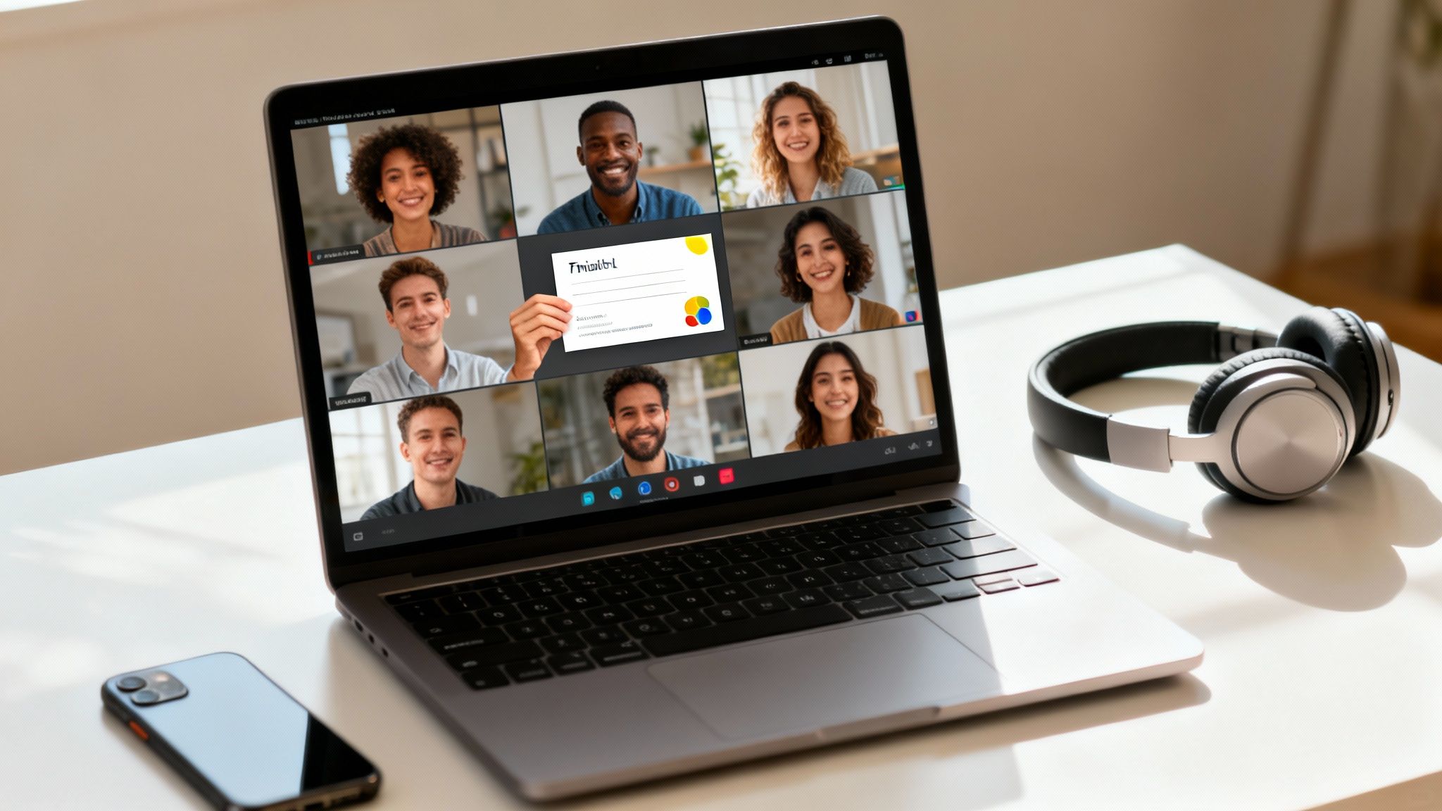 A laptop displaying a video conference with diverse people, one holding a thank you card. Headphones and a phone are on the desk.