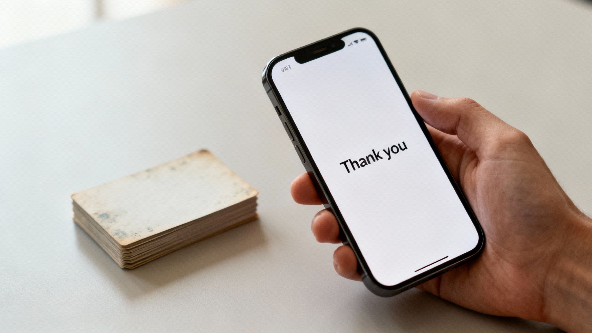 Hand holding smartphone showing 'Thank you' message, contrasting with vintage paper cards.
