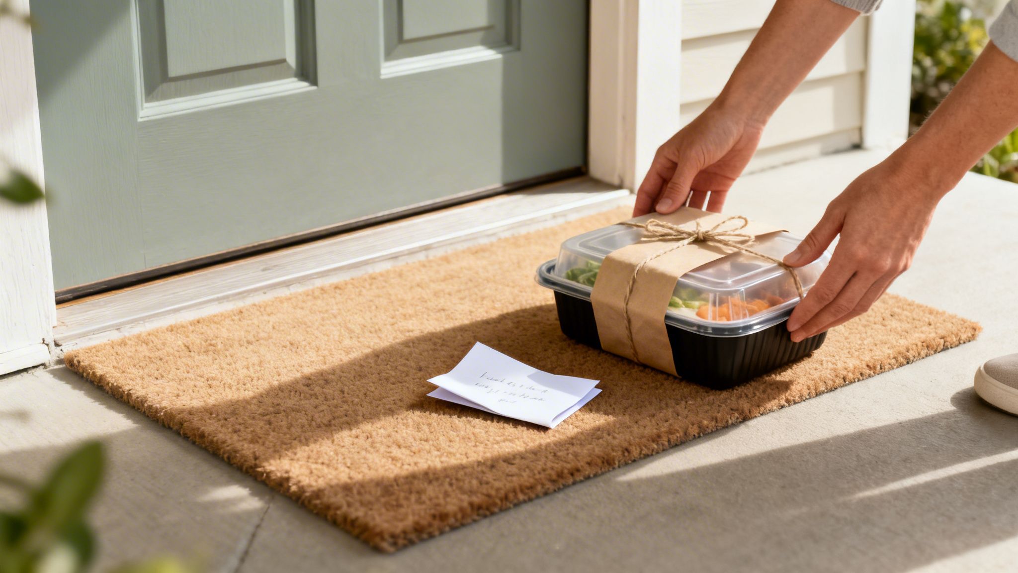 Hands placing a wrapped food delivery container and a note on a doormat by a front door.