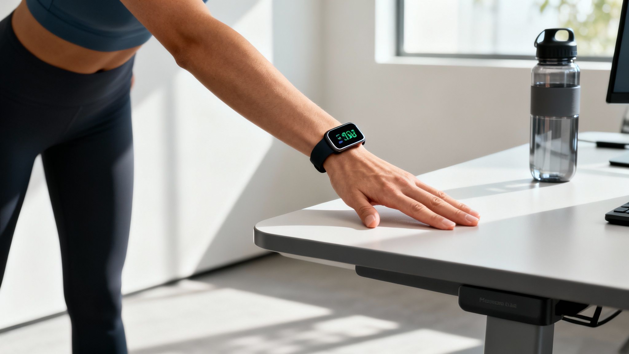 Person in fitness attire with a smartwatch rests hand on a modern standing desk with a water bottle.