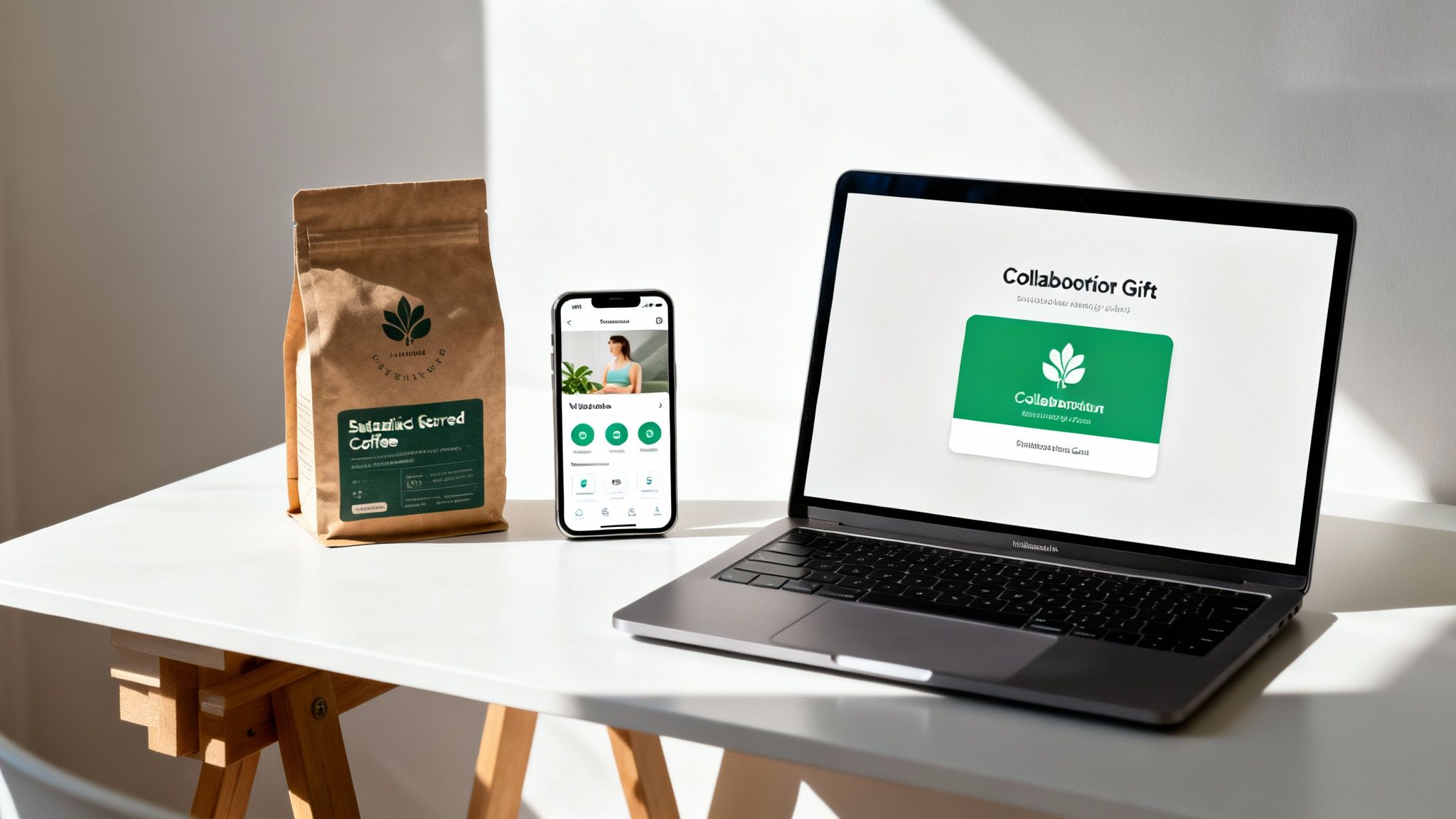 A brown bag of sustainable coffee, a smartphone, and a laptop displaying an eco-friendly gift card.