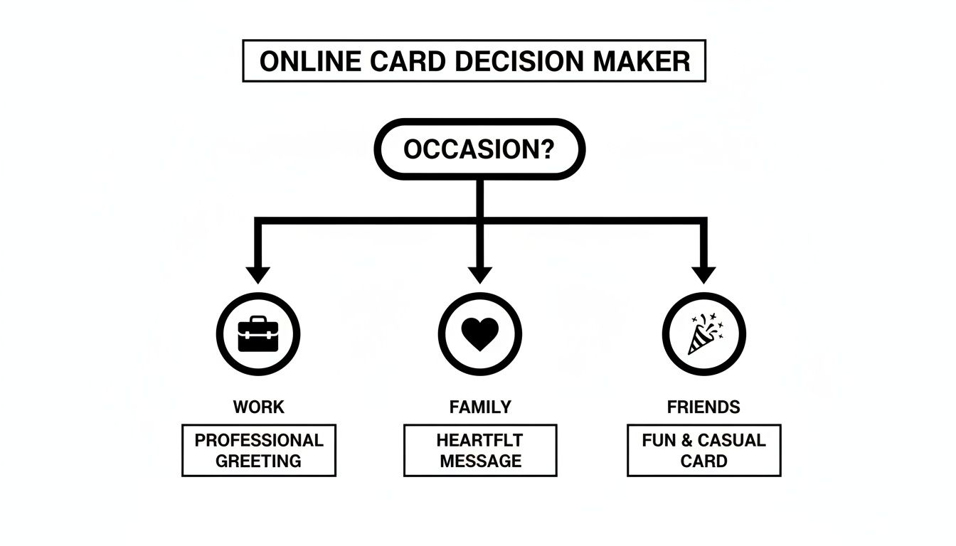 Flowchart for an online card decision maker, guiding users to choose professional, heartfelt, or casual cards based on occasion.