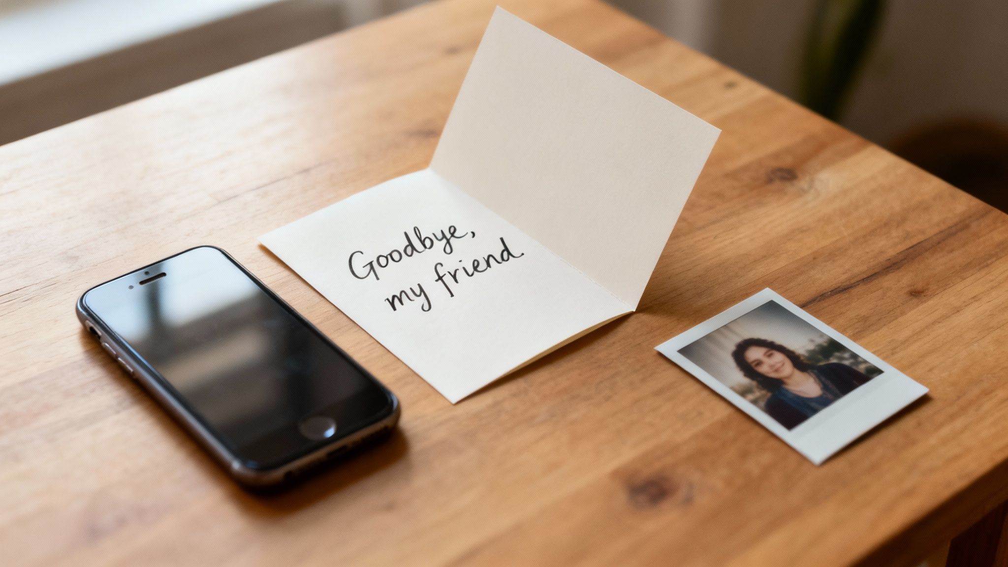 A phone, an open card with 'Goodbye, my friend' written, and a polaroid photo on a wooden table.