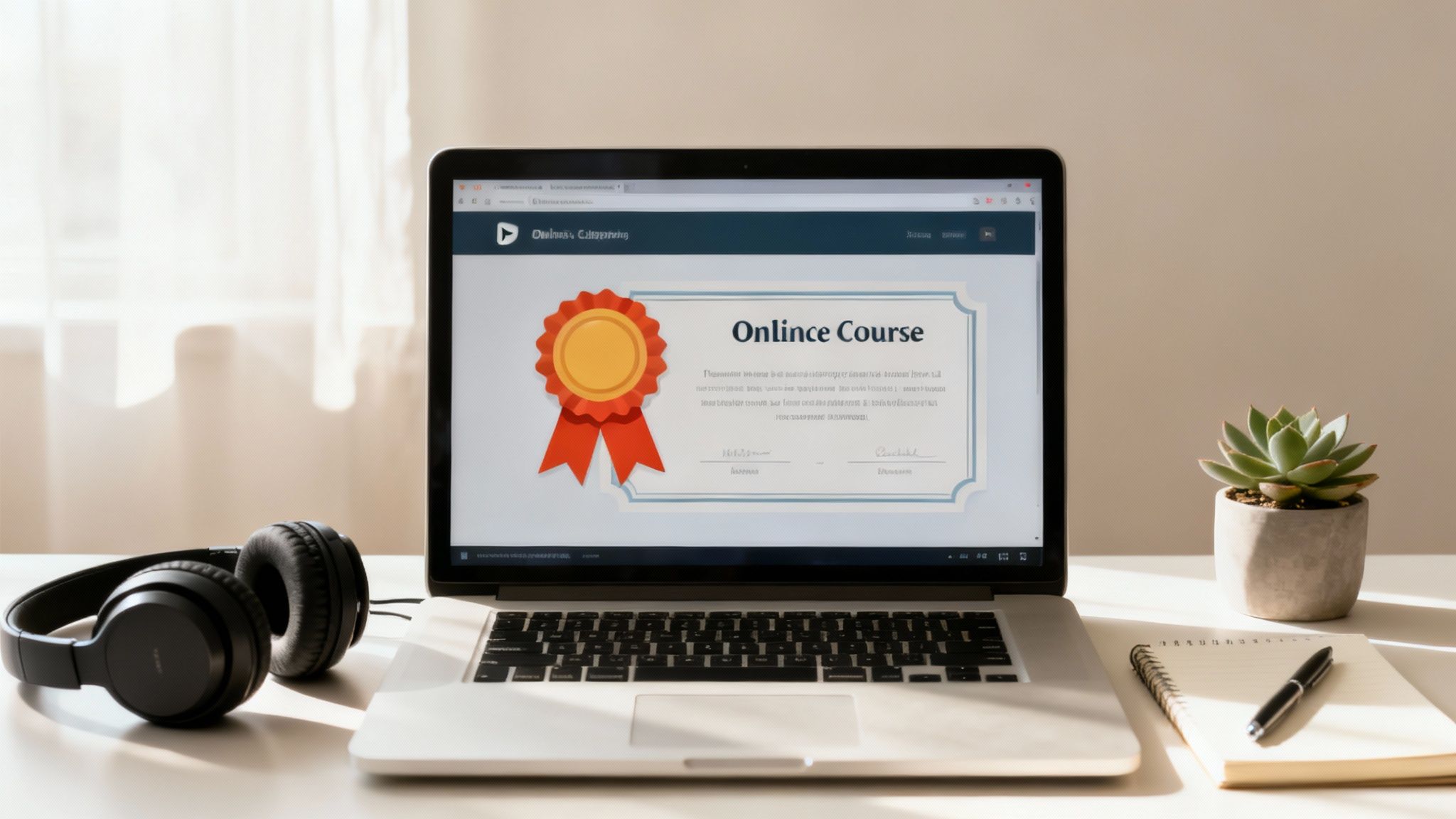 Laptop displaying online course certificate with headphones, notebook, and succulent plant on desk
