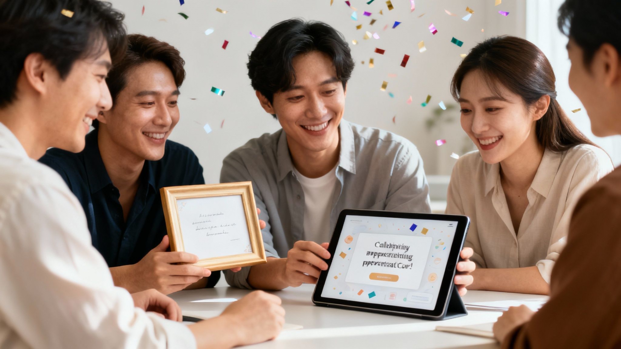 A diverse group of smiling employees celebrates an achievement at work with a framed certificate and a tablet, surrounded by confetti.
