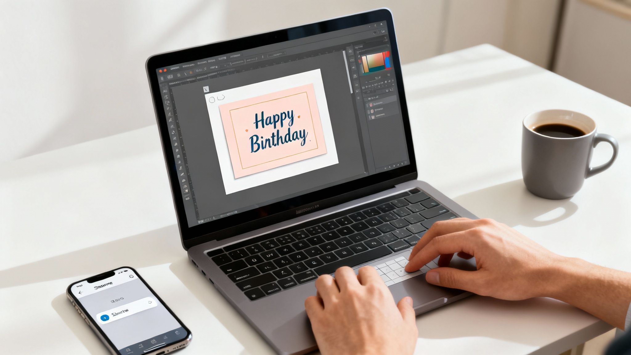 A person designing a 'Happy Birthday' e-card on a laptop, with a smartphone and coffee nearby.
