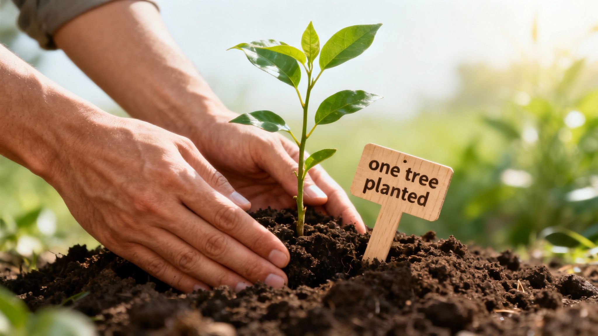 Close-up of hands planting a young tree in soil next to a 'one tree planted' sign.
