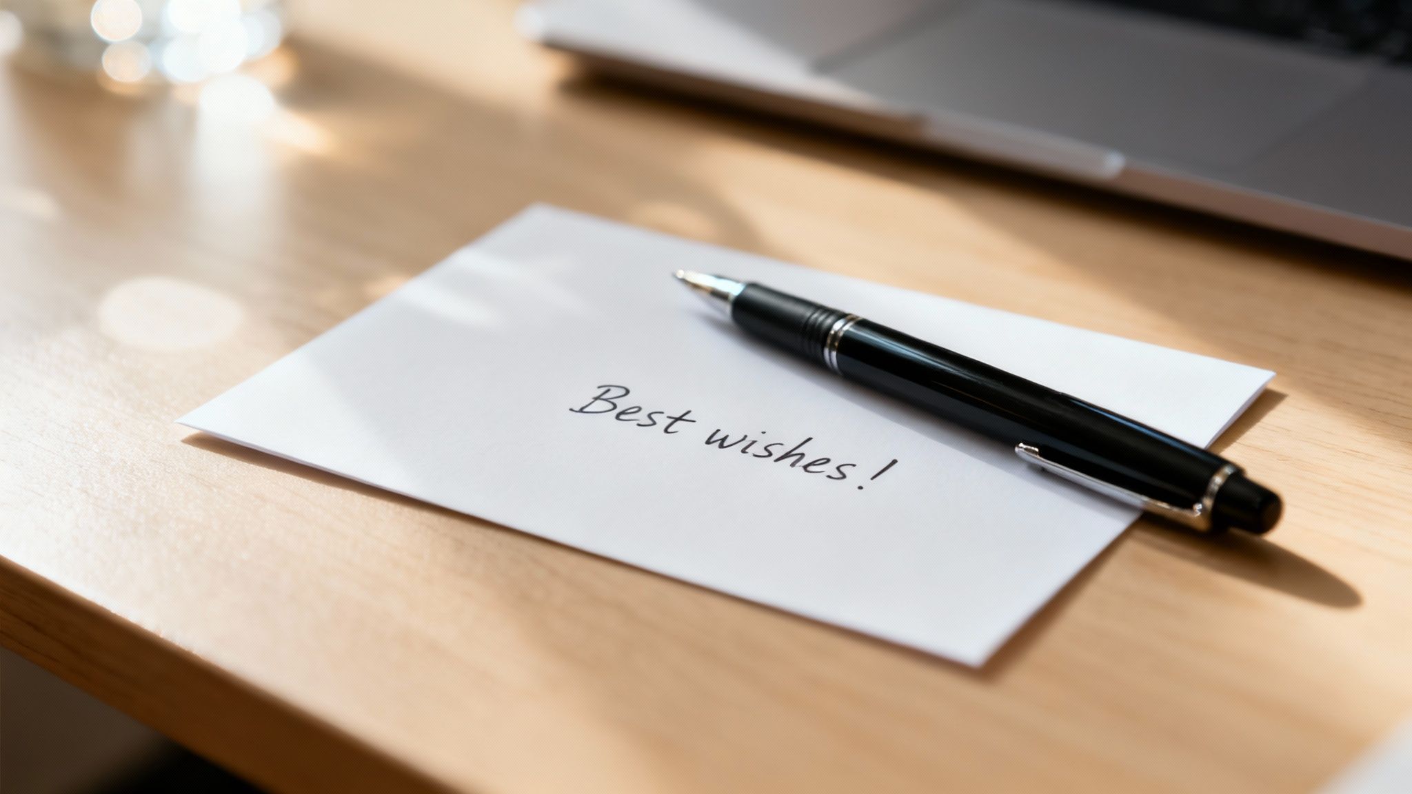A black pen resting on a white envelope with 'Best wishes!' on a wooden desk.