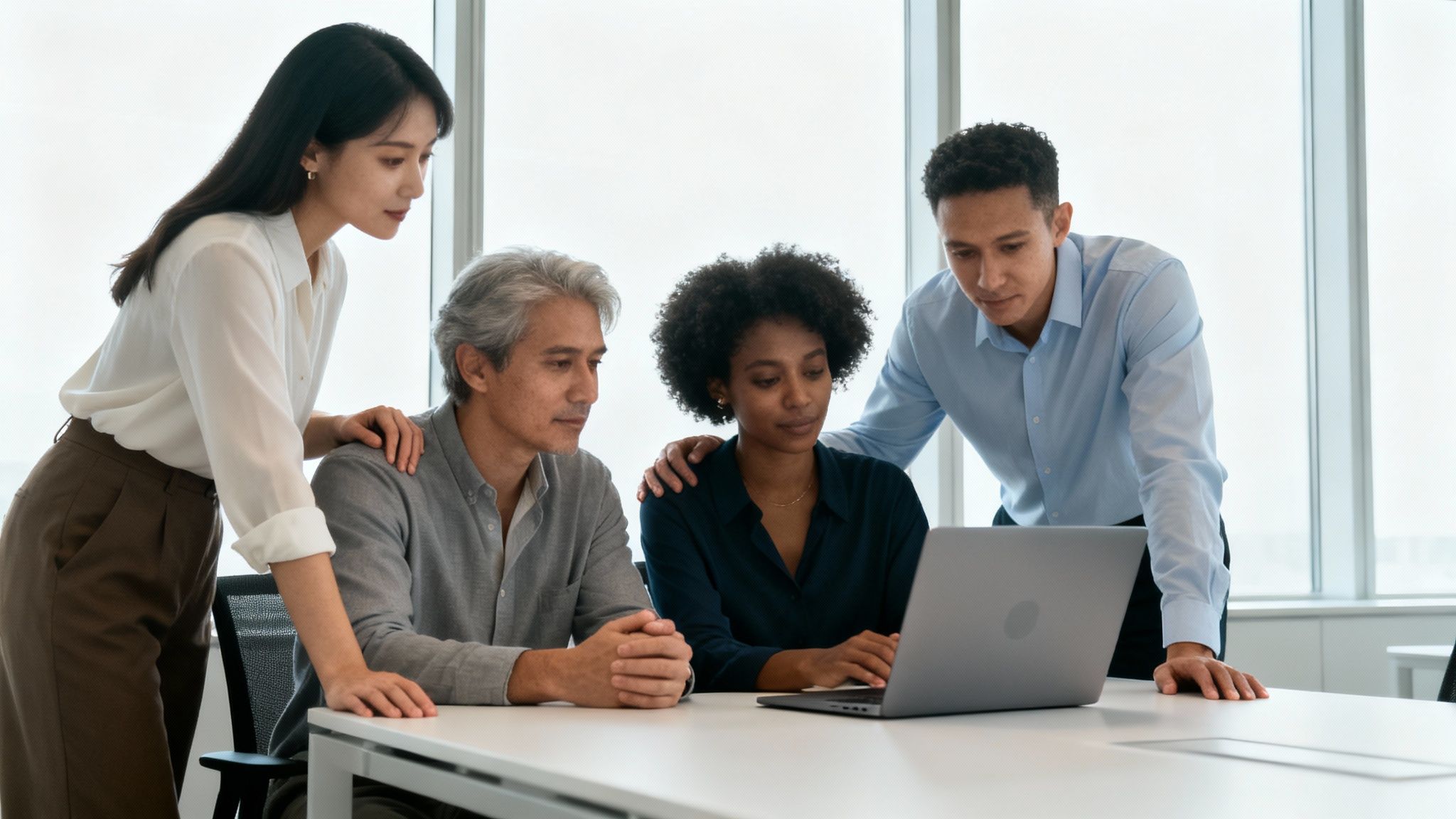 A diverse team of four colleagues reviewing work on a laptop in a bright office.