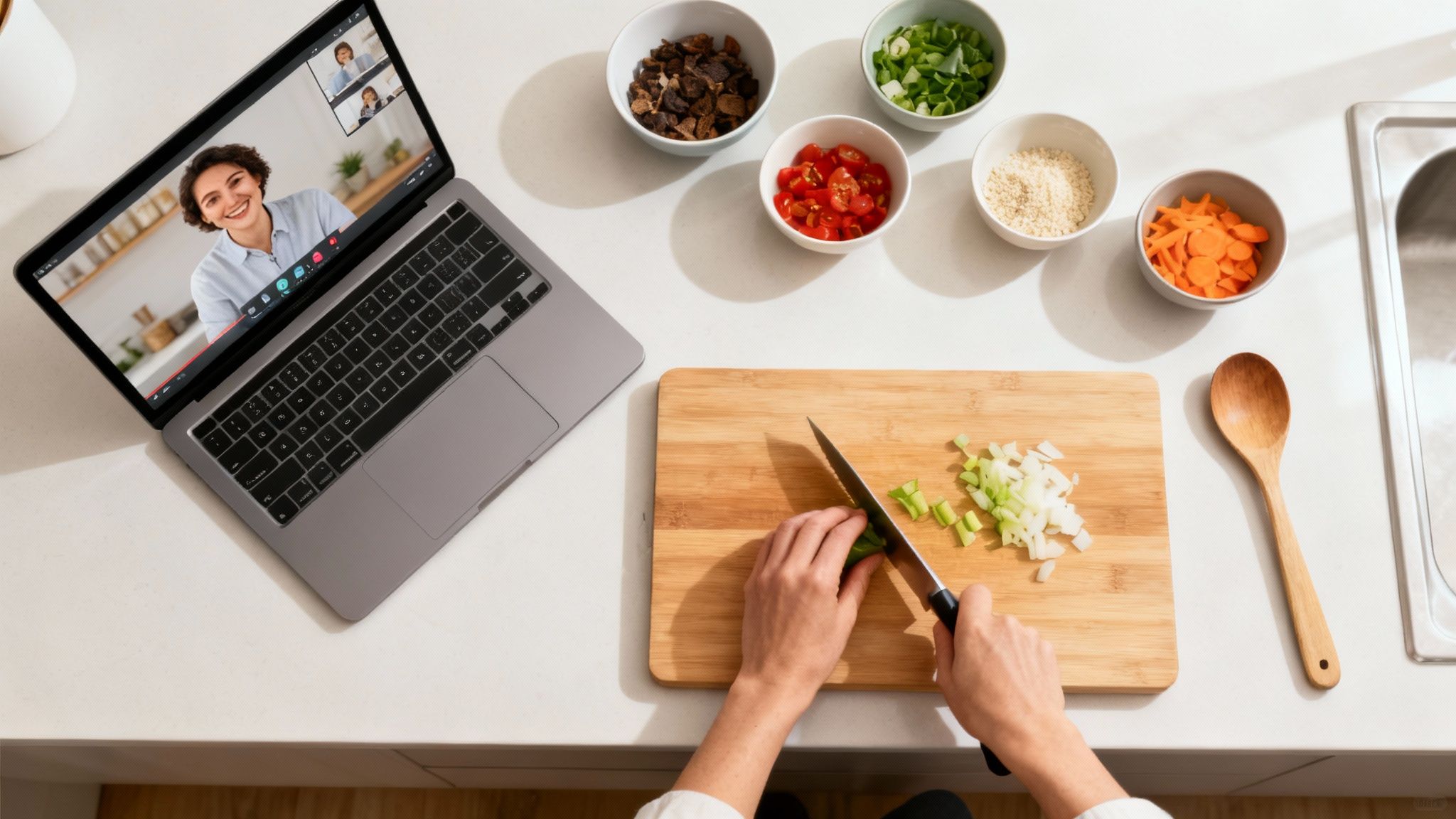 Person chopping vegetables on cutting board while attending virtual cooking class on laptop