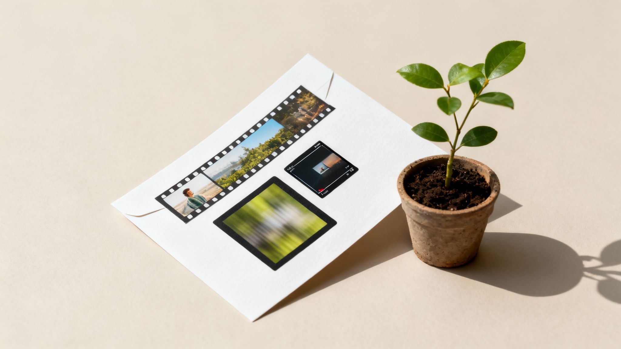 A white envelope adorned with film strip and screen photo stickers, placed beside a small potted plant.