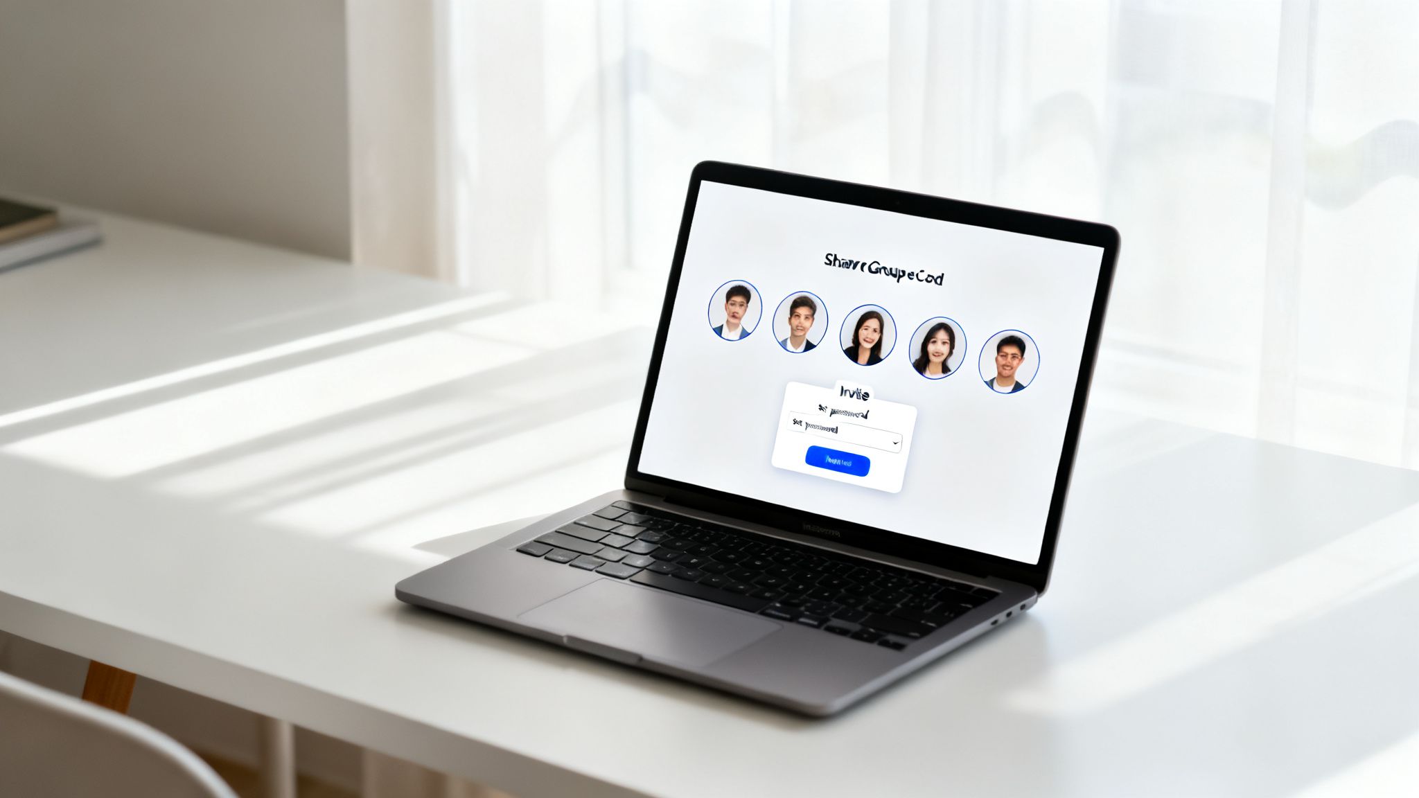 A silver laptop on a white desk displays a digital group invitation screen with user profiles.