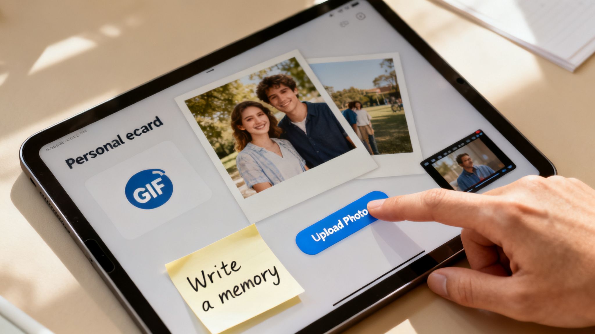 A hand taps 'Upload Photo' on a tablet displaying a personal e-card creation interface.