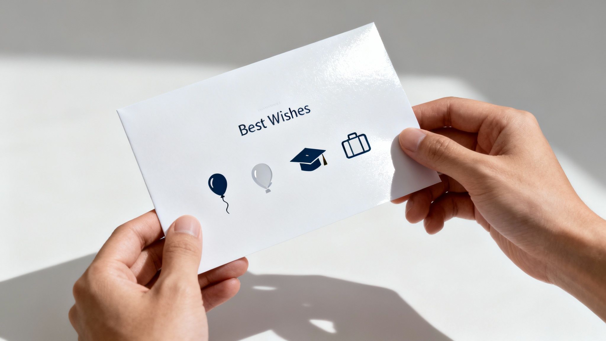 Two hands holding a white 'Best Wishes' card with icons of balloons, a graduation cap, and a briefcase.