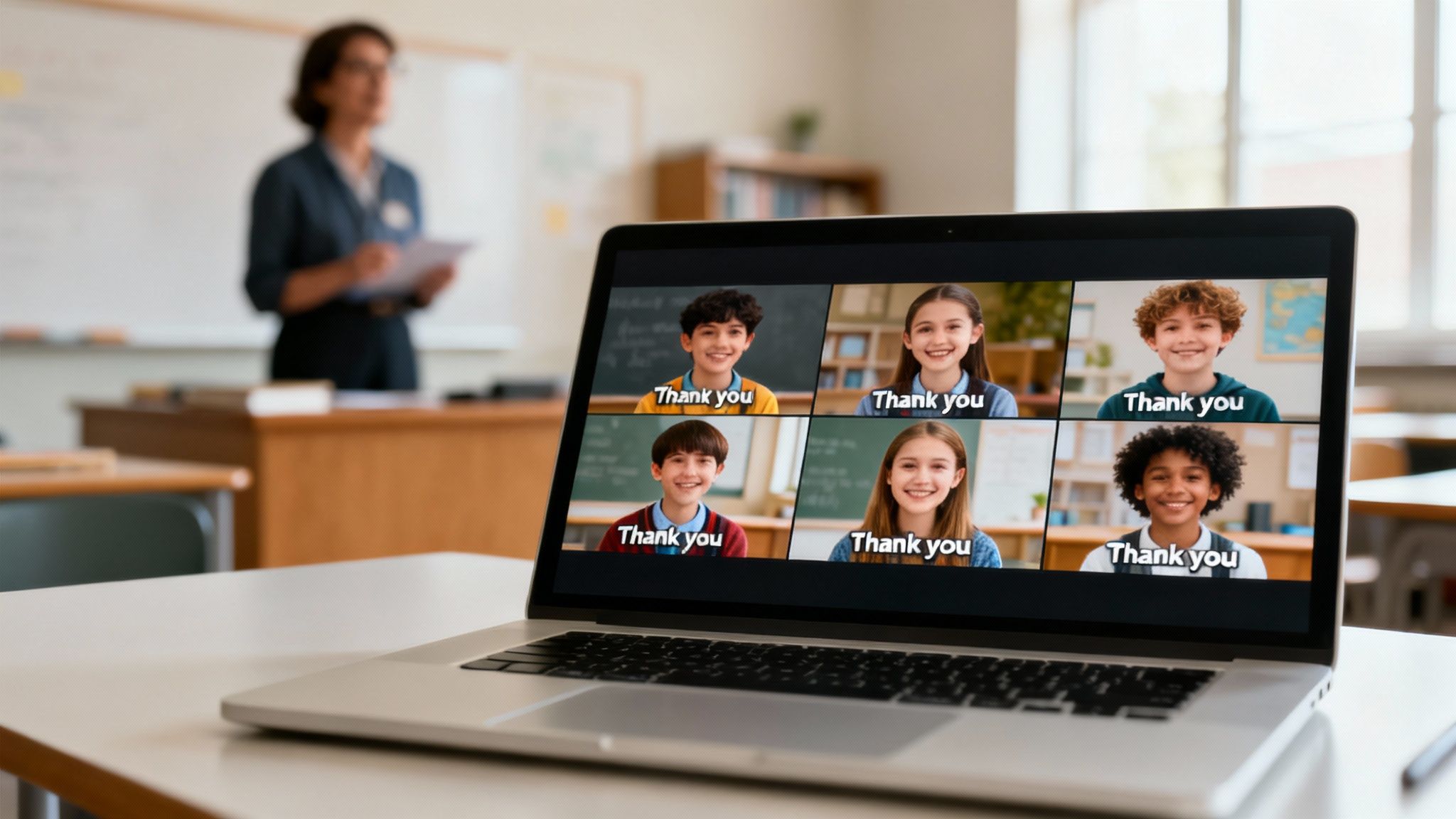 Diverse students virtually thank their teacher on a laptop screen in a classroom setting.