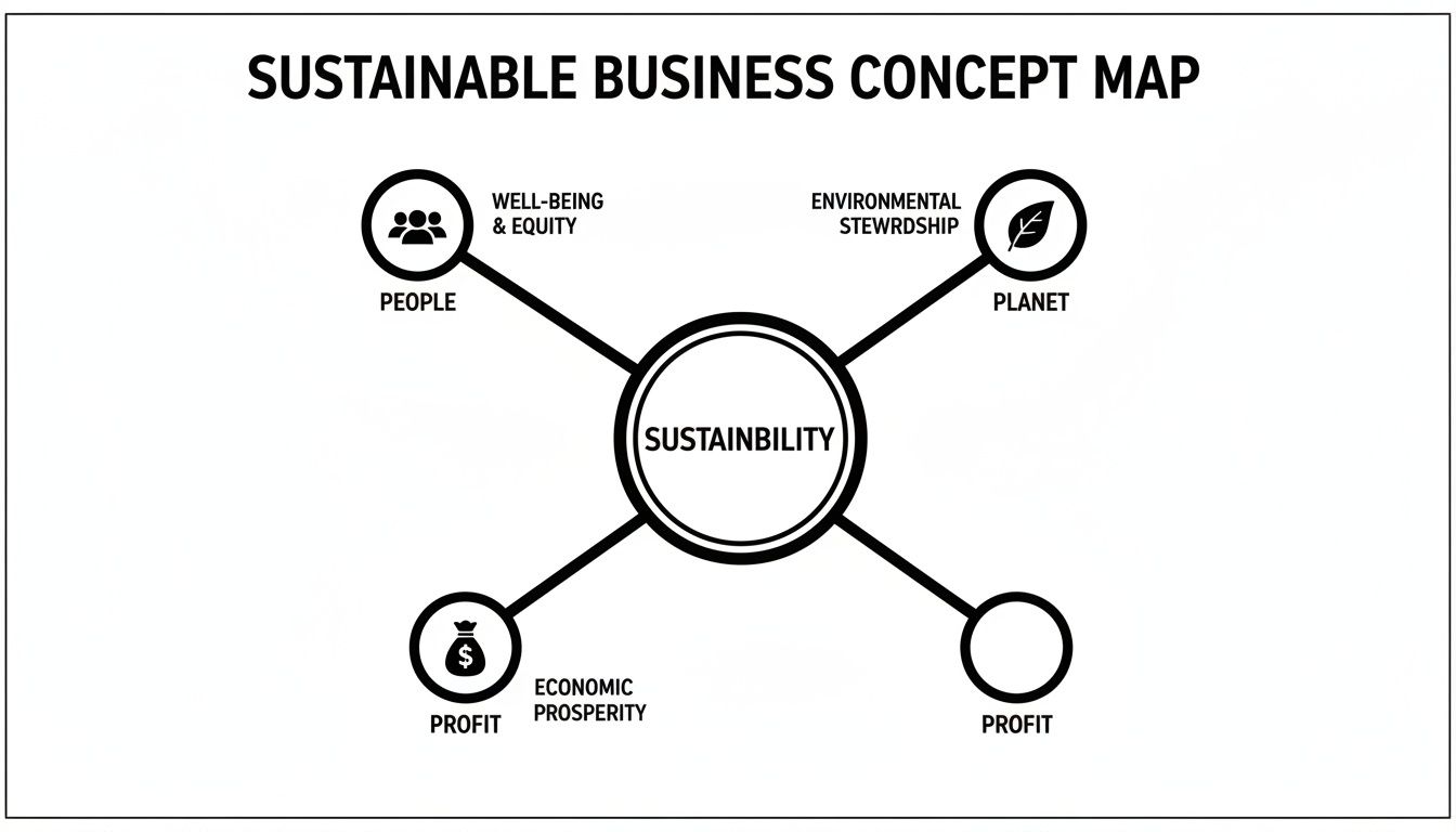 A concept map showing sustainable business principles: People, Planet, and Profit, centered on Sustainability.