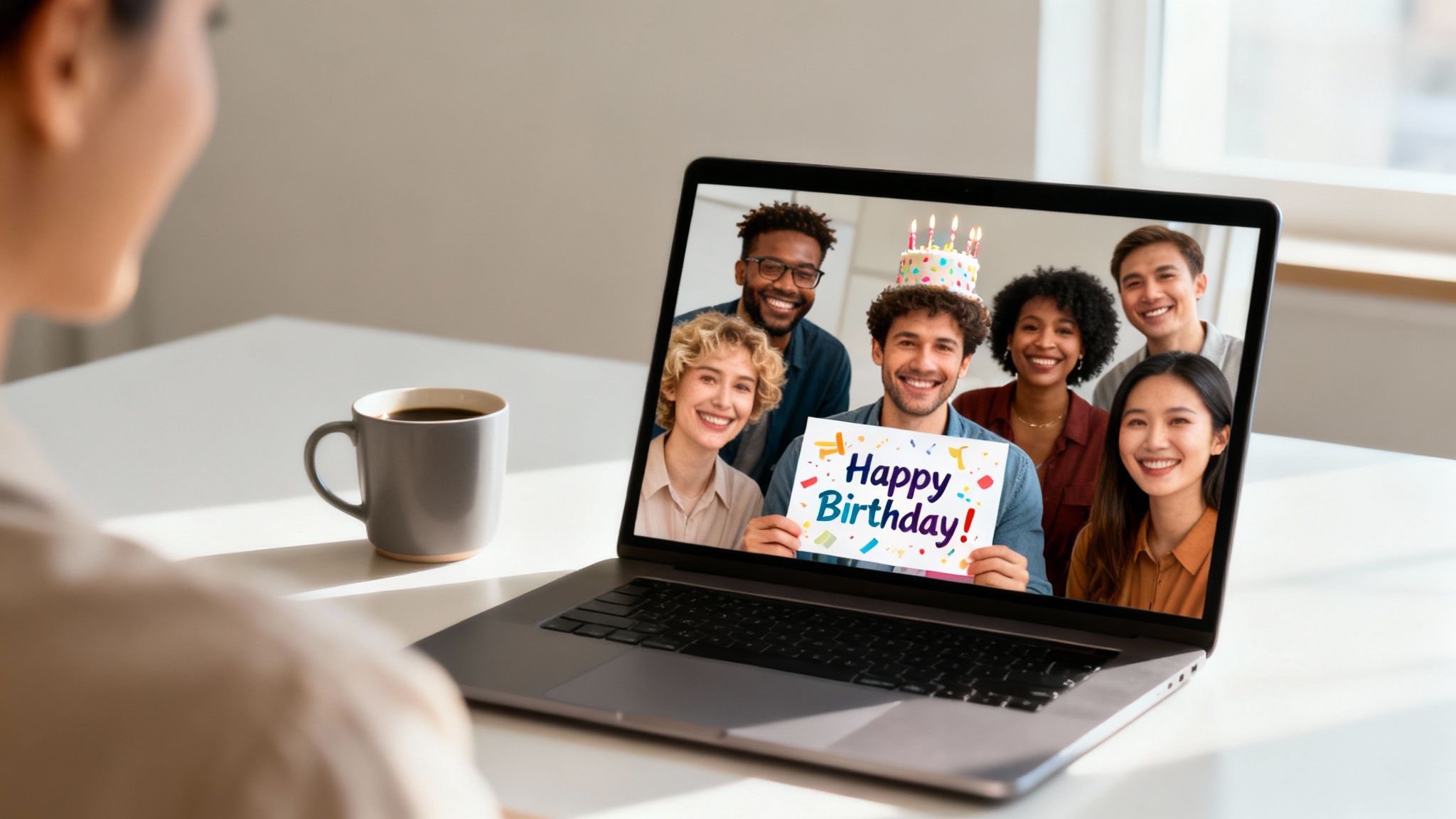 A person views a virtual birthday celebration on a laptop with diverse friends smiling happily.