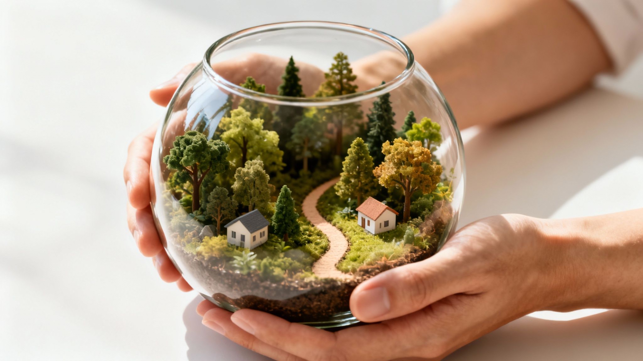 Hands gently holding a clear glass terrarium with a vibrant miniature forest, houses, and a winding path.