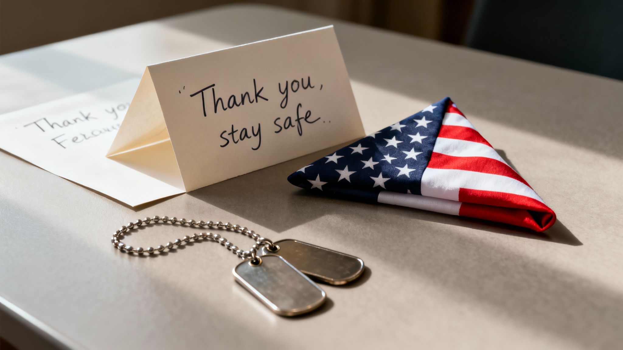 A folded American flag, dog tags, and a 'Thank you, stay safe' card on a table.
