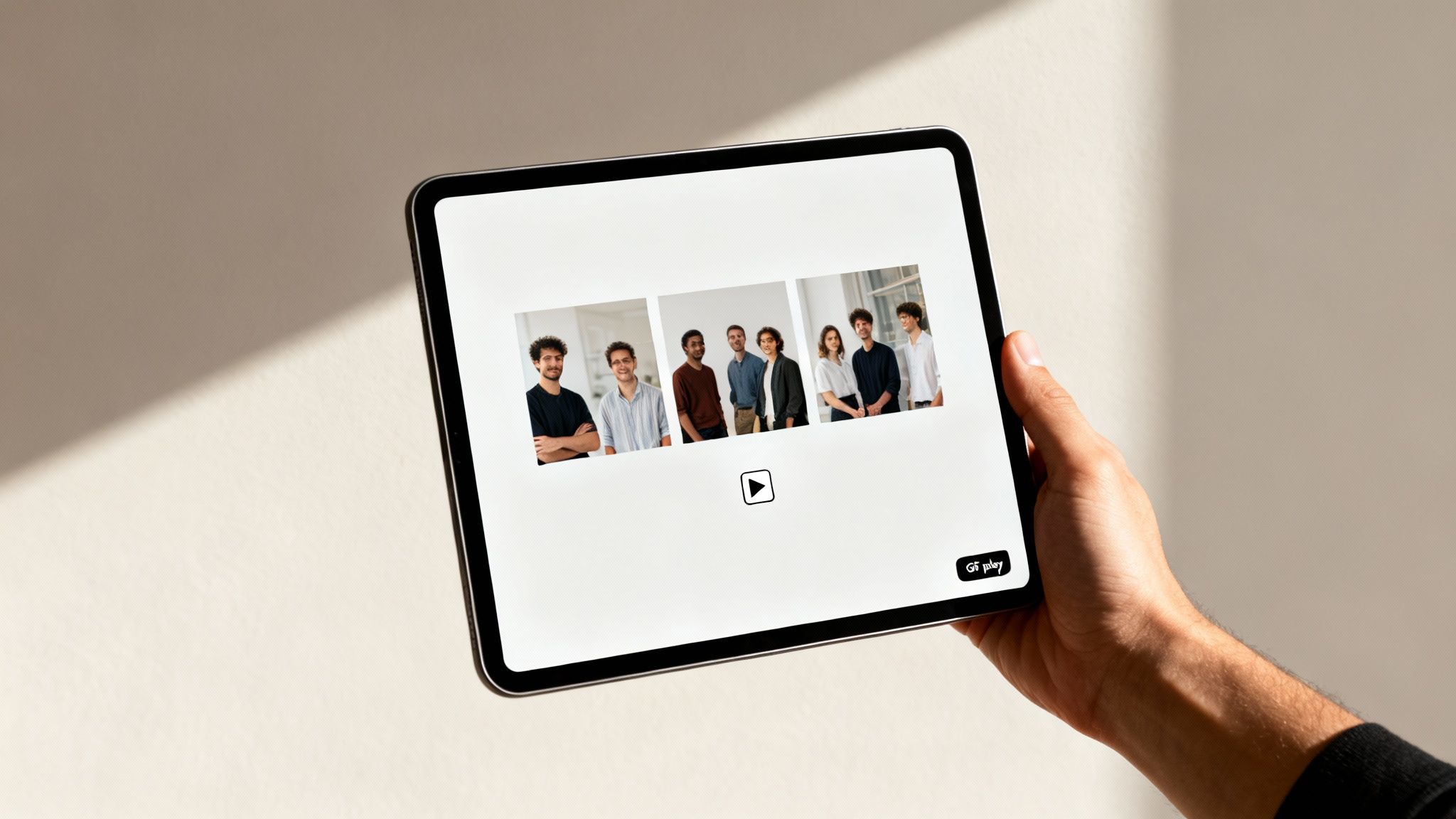A hand holds a tablet displaying three frames of diverse young professionals, with a play button.