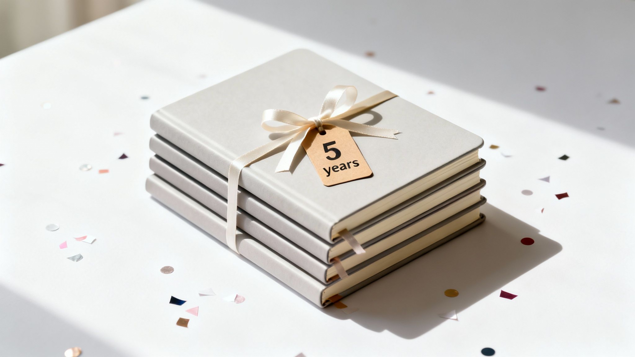 Four grey notebooks neatly stacked, tied with a ribbon and a '5 years' tag, on a white surface with confetti.