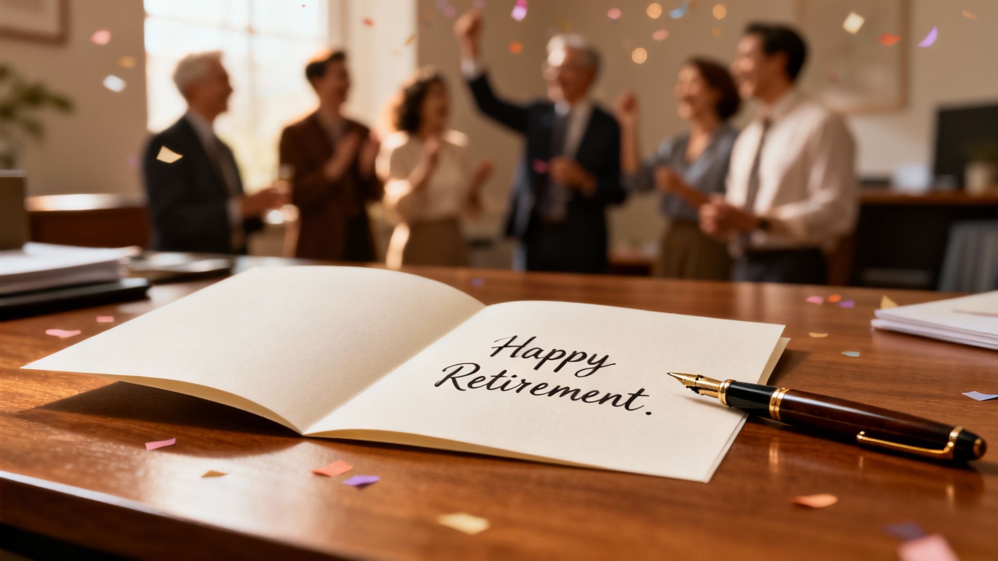 A 'Happy Retirement' card and fountain pen on a wooden desk, with people celebrating in the background amidst falling confetti.