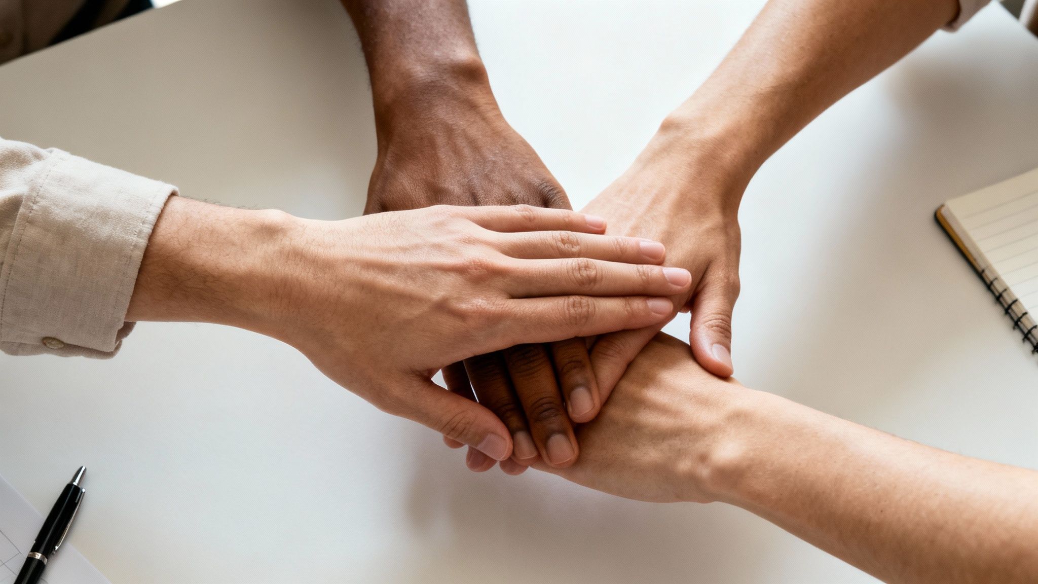 Diverse hands of several people stacked together on a white table, symbolizing unity and teamwork.