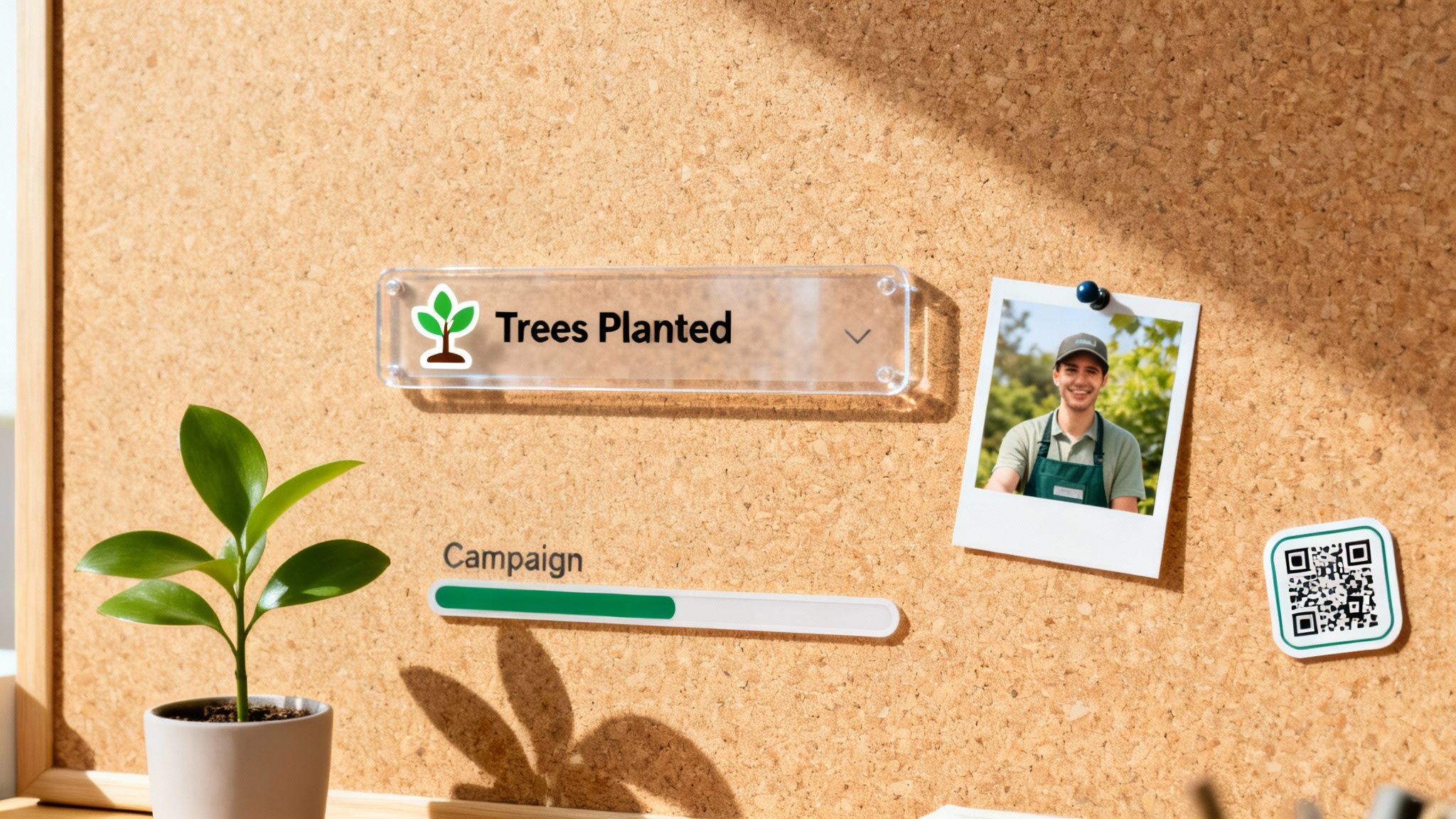 A cork bulletin board displaying a 'Trees Planted' sign, campaign progress bar, a man's photo, and a QR code.