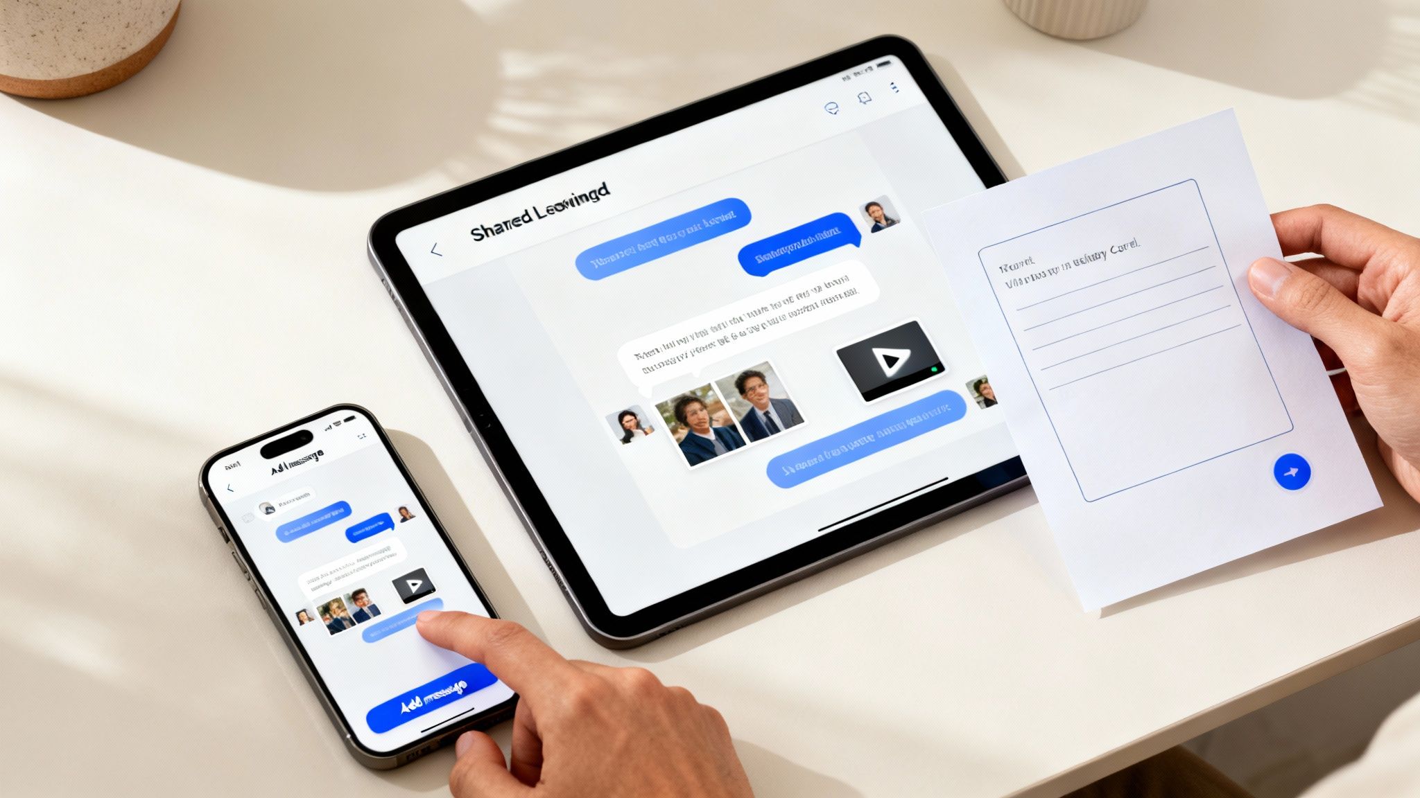A person's hands interact with a smartphone and tablet showing messaging apps, while holding a paper leaving card.