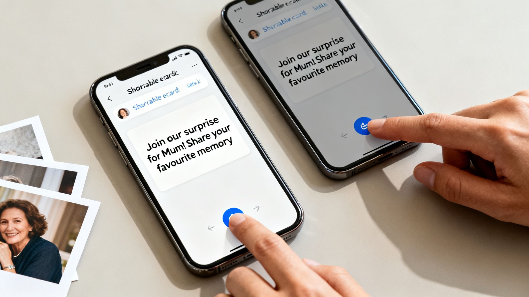 Two smartphones displaying a digital ecard for Mum, with fingers interacting and printed photos nearby.