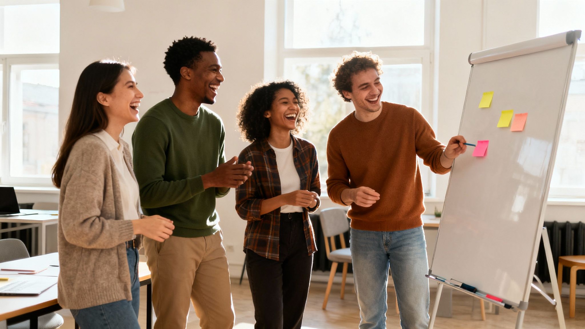 Diverse group of happy young colleagues brainstorming and laughing in a bright modern office.