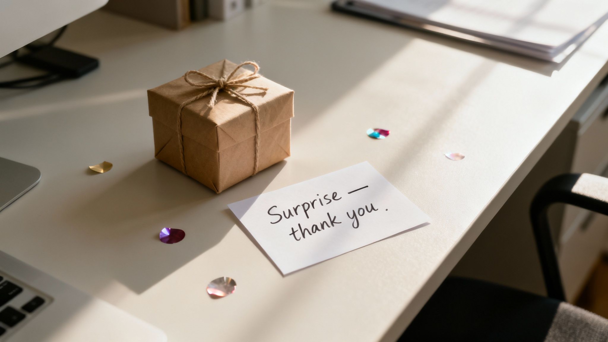 Small wrapped gift box with twine bow and handwritten surprise thank you note on white desk