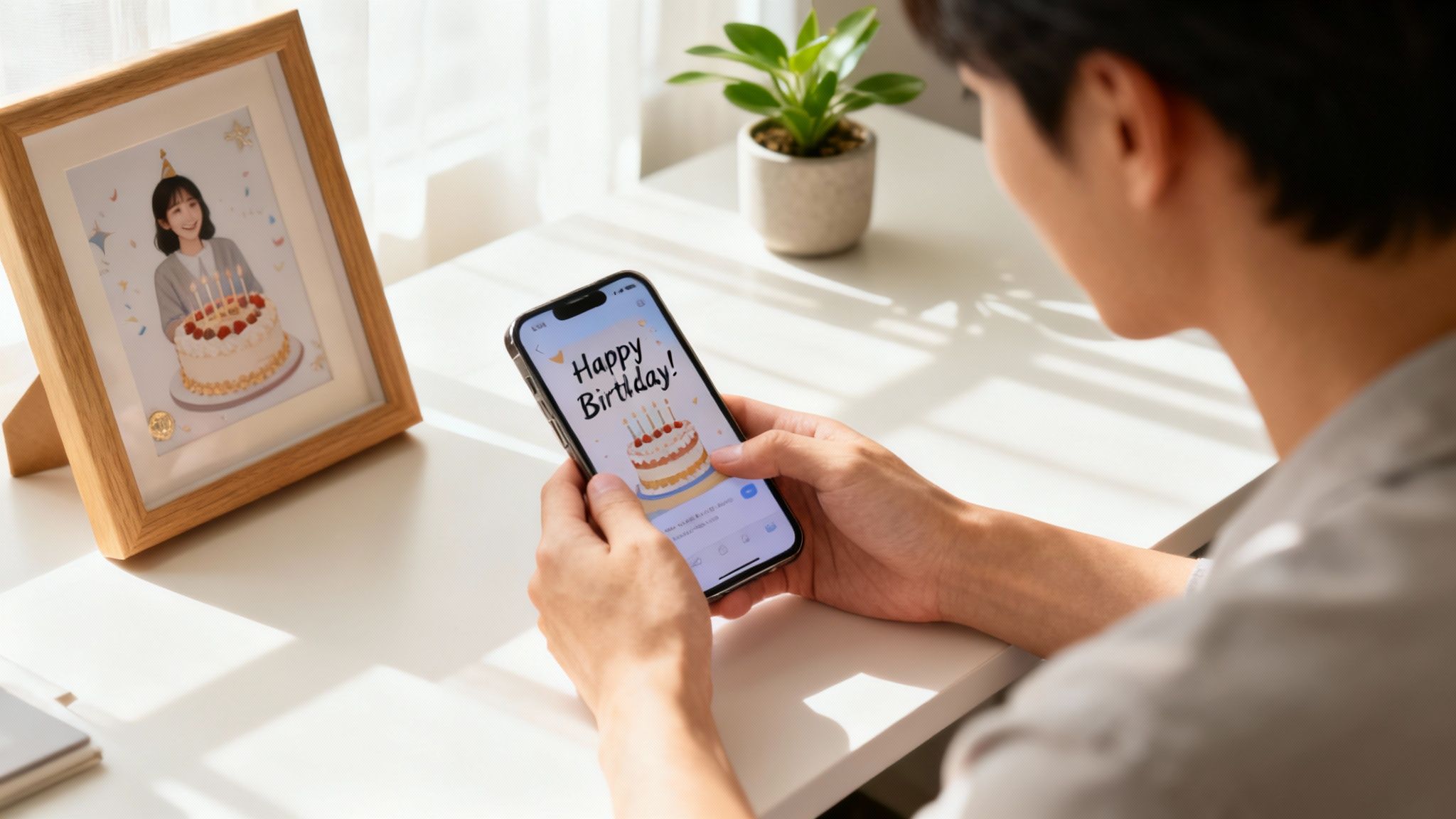 A person's hands hold a smartphone displaying a 'Happy Birthday!' e-card, beside a framed birthday photo.