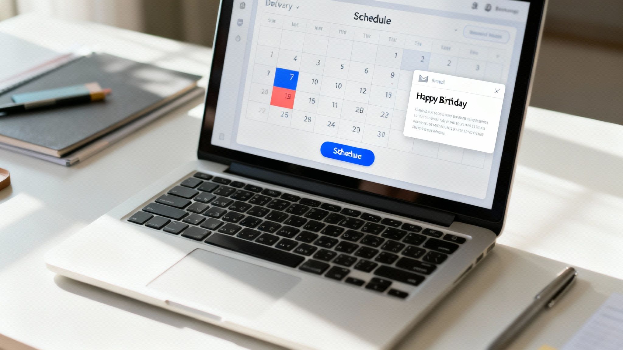 A close-up of a laptop displaying a calendar schedule with a 'Happy Birthday' notification.