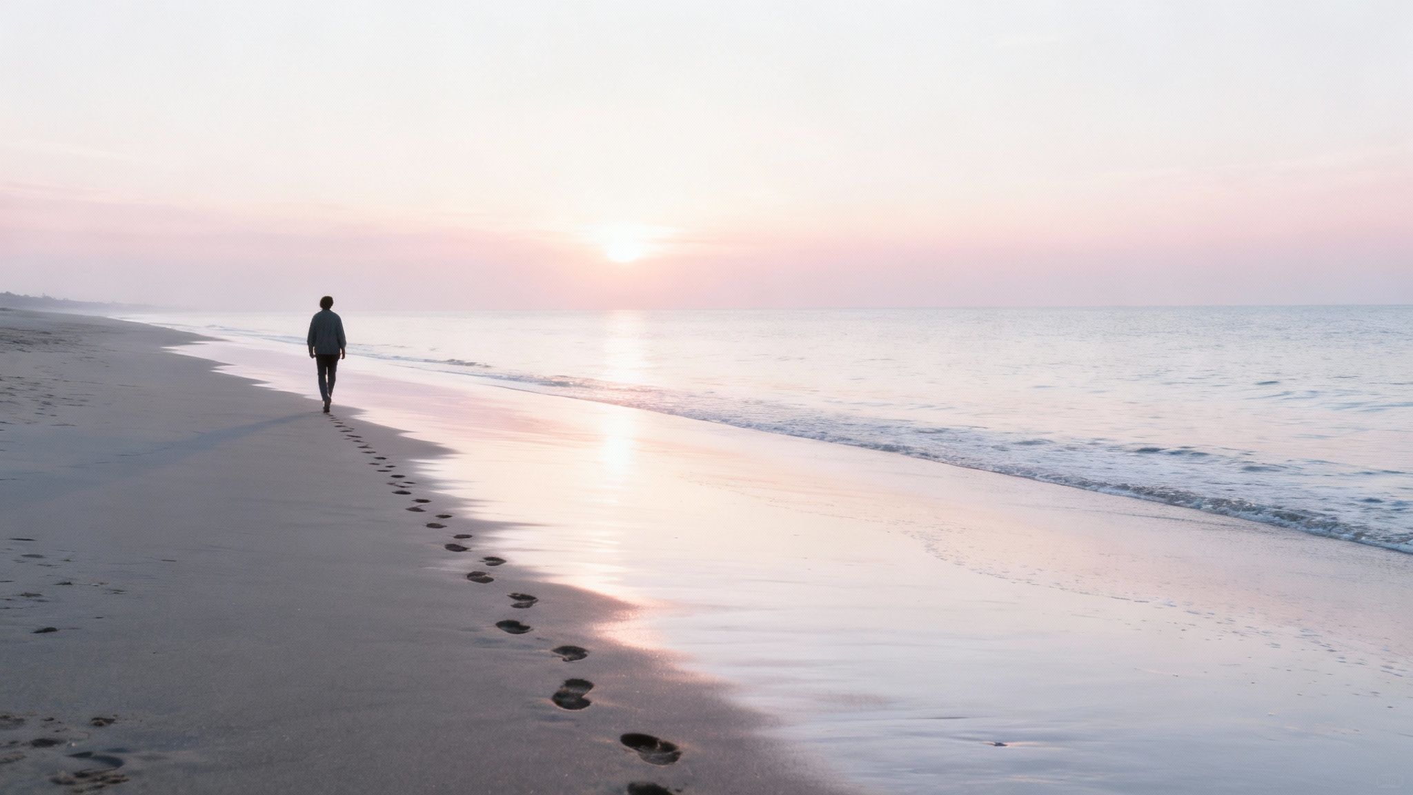A person walks along a serene beach at sunrise, leaving footprints in the wet sand.