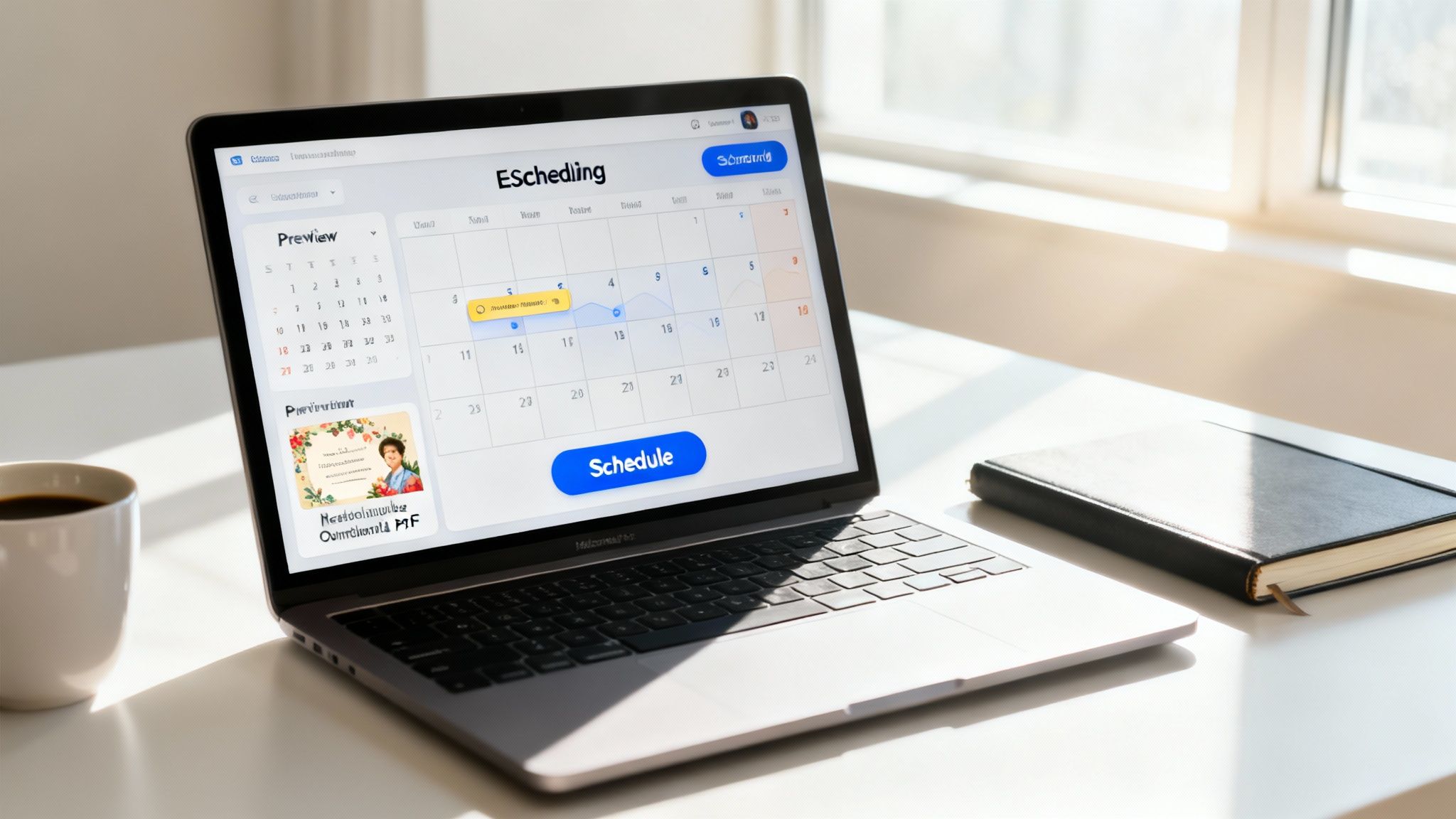 A laptop on a bright desk displays an e-scheduling application with a calendar and a personalized e-card.