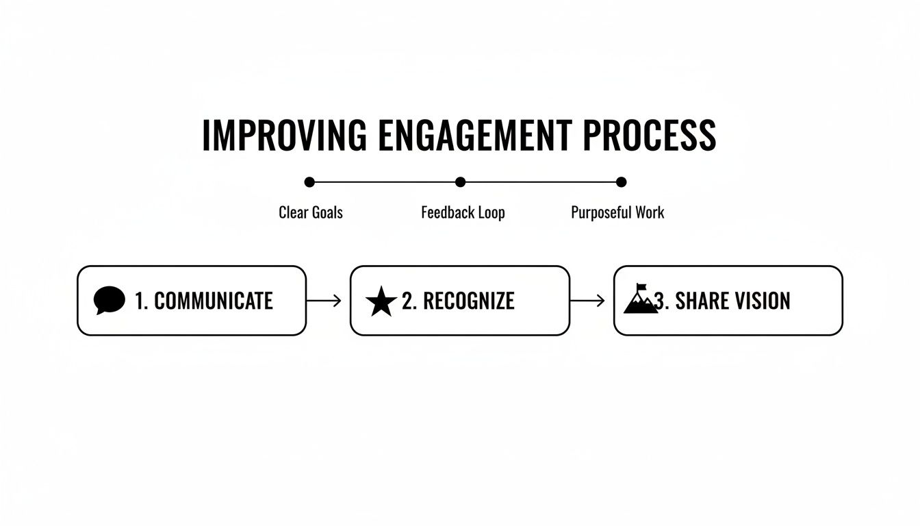A process diagram for improving engagement, detailing steps like Communicate, Recognize, and Share Vision, with key elements.