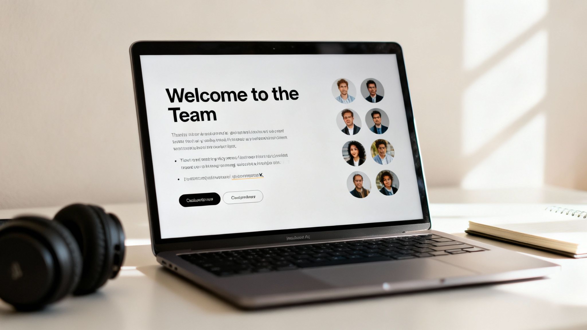A laptop screen displays a 'Welcome to the Team' page with diverse employee photos, alongside headphones and a notebook.