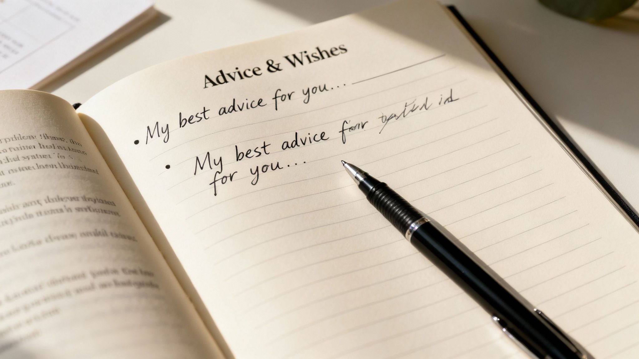 An open notebook titled 'Advice & Wishes' with handwritten advice and a pen resting on lined paper.