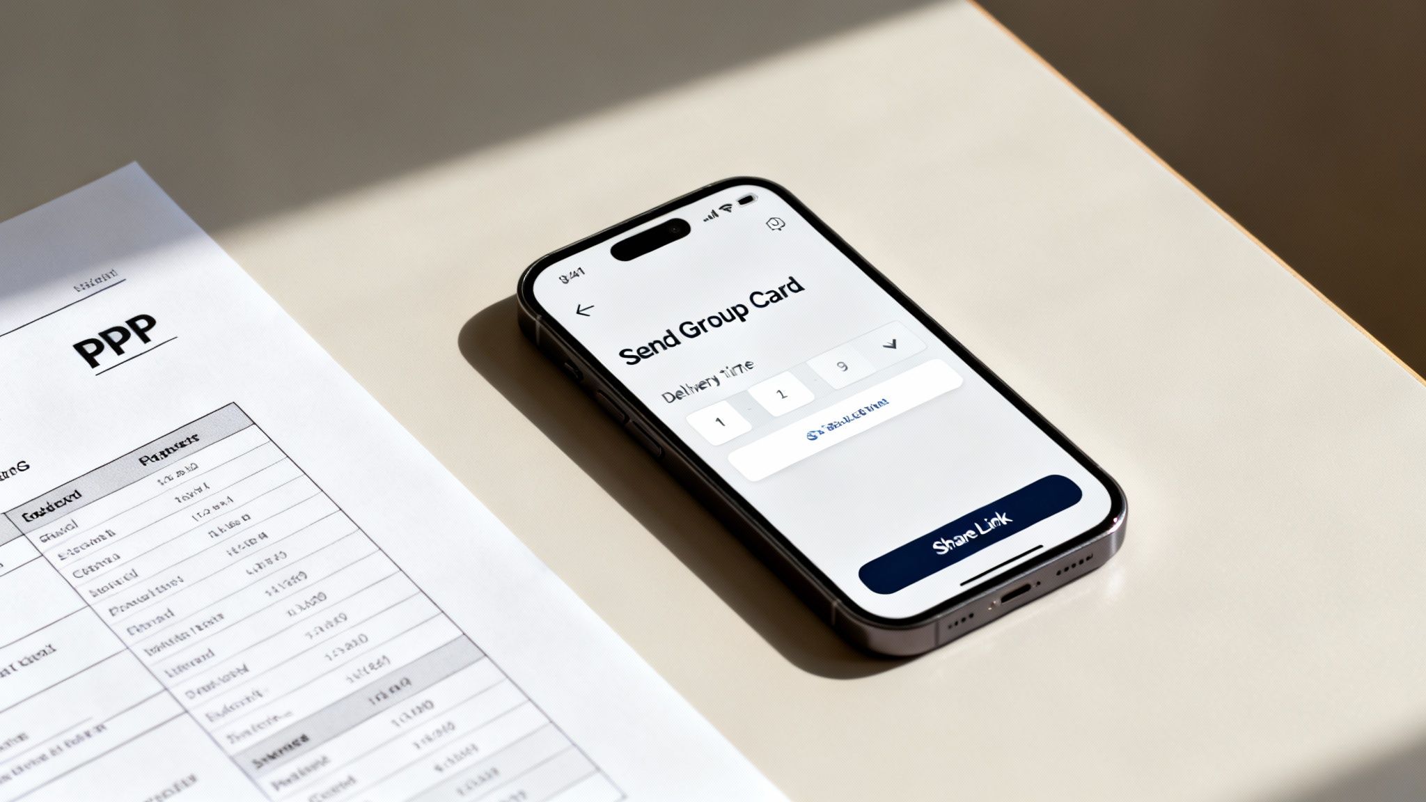 A smartphone displays a 'Send Group Card' interface with delivery time options, next to a document titled 'PPP'.